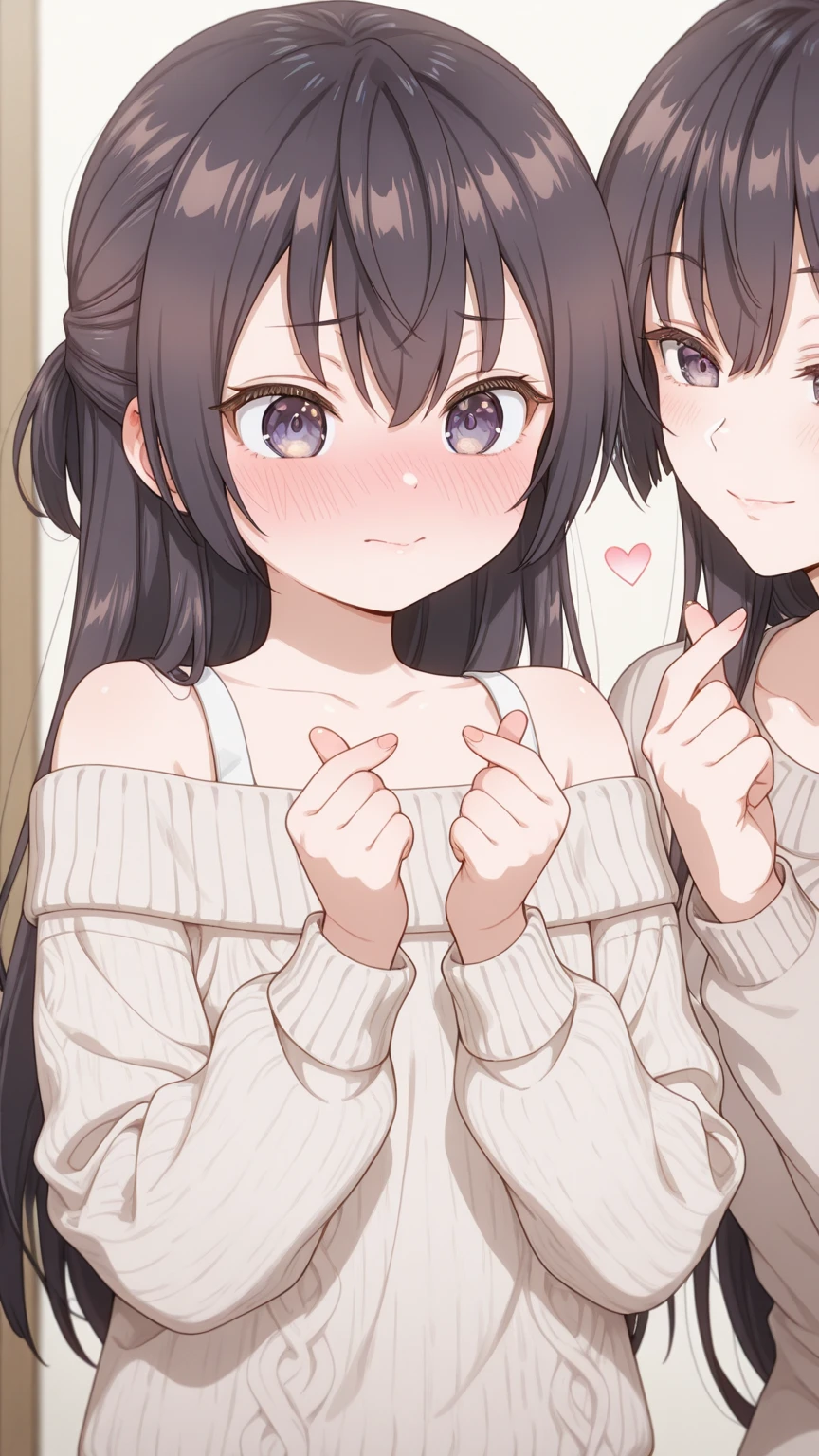 Sexy and cute woman, brown bangs, seductive gaze, blushing intensely, smiling, parted lips, oversized sweater, bare shoulders