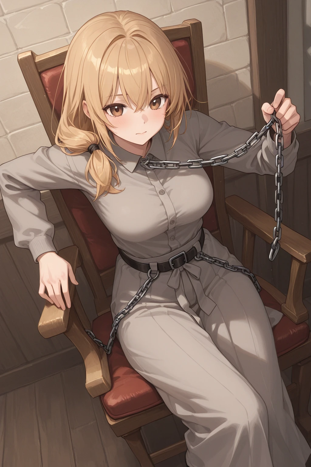 1girl, <lora:sdxl-gomon-hime:0.3> sdxl-gomon-hime, princess, silver mini crown, blonde hair, long hair, short sidelock, blunt bangs, blue eyes, toenails, white shirt off shoulder long sleeves oversized shirt wide sleeves, black collar, shackles, park, :p, extremely quality extremely detailed, illustration, contrapposto, cute anime face cinematic lighting cinematic angle, from above sitting yokozuwari , warm light sunset, rays light sparkles lens flare deep shadows, depth of field peerless scenery sentimental