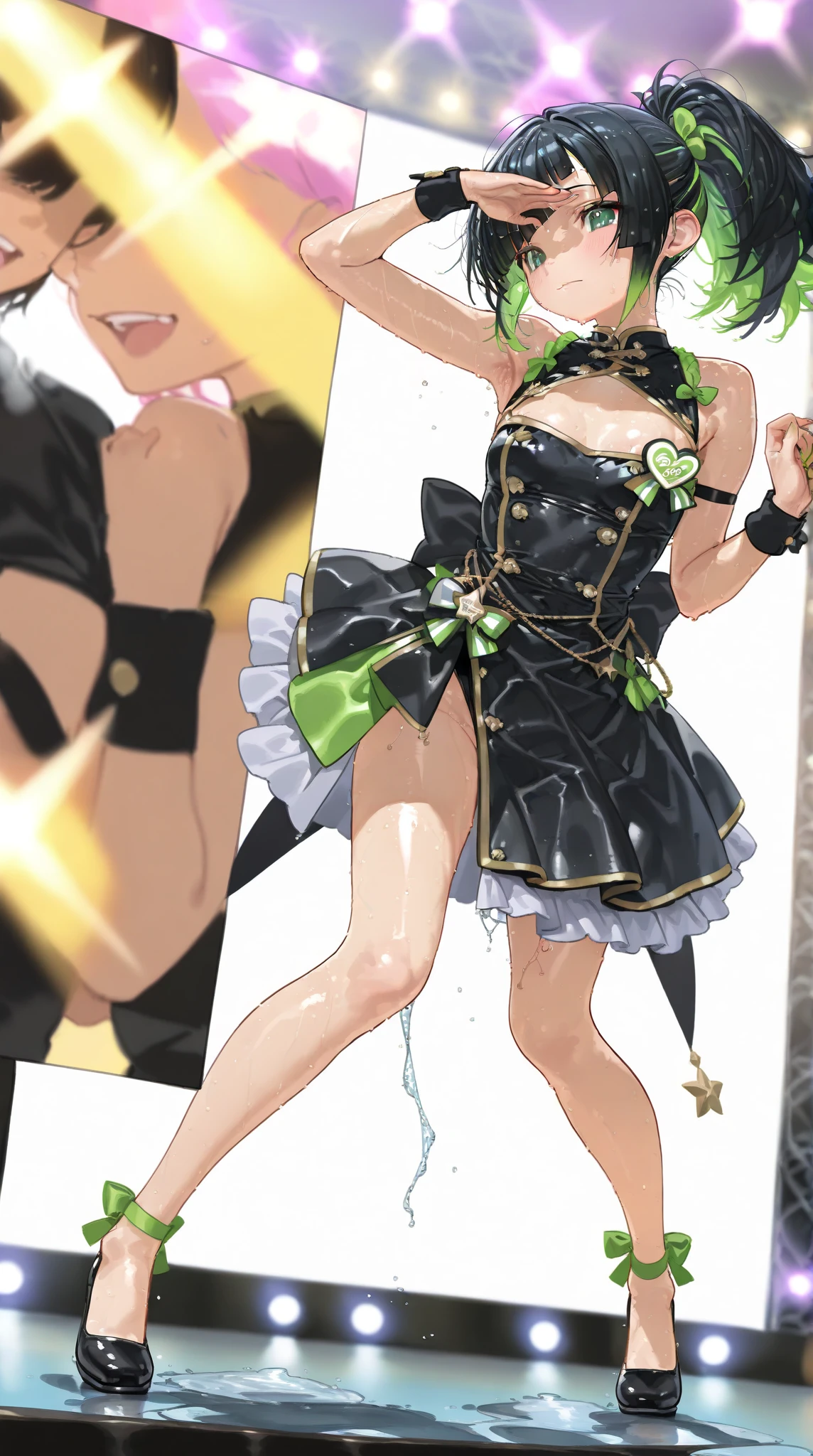 1 female,((Magical Girl 1.8)), slender body, female body, clavicle, (green hair, medium long hair)、green ribbon,white mini skirt, Haigre Pose,stand up, spread your legs, absurd, huge breasts, (highest quality、4k、8k、High resolution、must have:1.2)、Super detailed、(reality、realisticです、realistic:1.37)、ticker、hyper hd、studio lighting、ultra definition paint、sharp focus、Physically based rendering、extreme details、Professional specifications、vibrancy and color、blurry、sports portrait、landscape、horror style、anime big breasts、SF、photograph、concept artist、five fingers, perfect body, {{{masterpiece}}}, {{{highest quality}}}, {{super detailed}}, {figure}, {{very delicate and beautiful}},Promoting cost performance、all roles、Canon 5D MK4でphotograph、sprinkle、photograph,