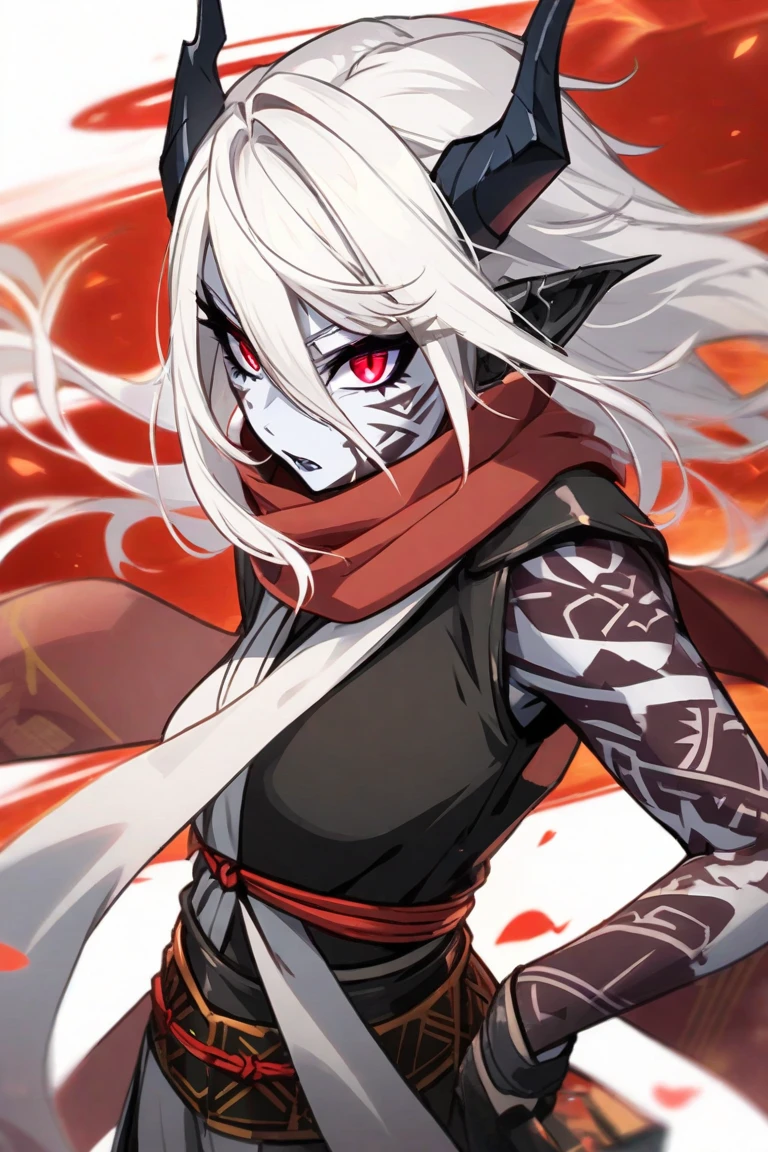 Male character, handsome, dark skin, black wings, wearing a red suit, long white hair, emerald green eyes, his appearance is that of a fire demon, his body is that of a fire demon with giant horns, a bestial body, a hideous, intimidating appearance, a horrible, ugly, hideous demon.