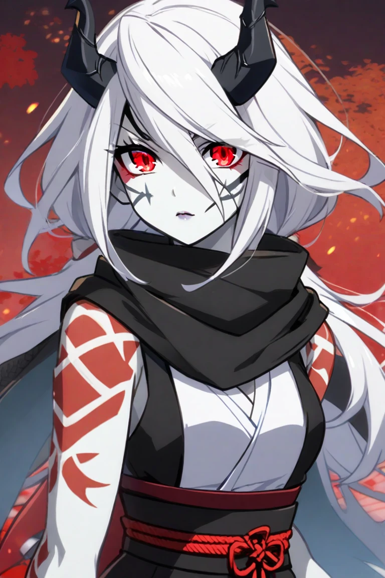 Kimetsu no Yaiba style, 1 mature, girl, red face markings, face tattoos, red eyes, a hashira, pretty, side bangs, red and white hair, white hair with red tips, red and white ombre hair, stylized hair, long hair, annoyed expression, noble, Pillar Demon Slayer, holding a sword, wearing black demon slayer uniform, black clothing, holding a red katana, large breasts, big breasts, cleavage showing, cleavage