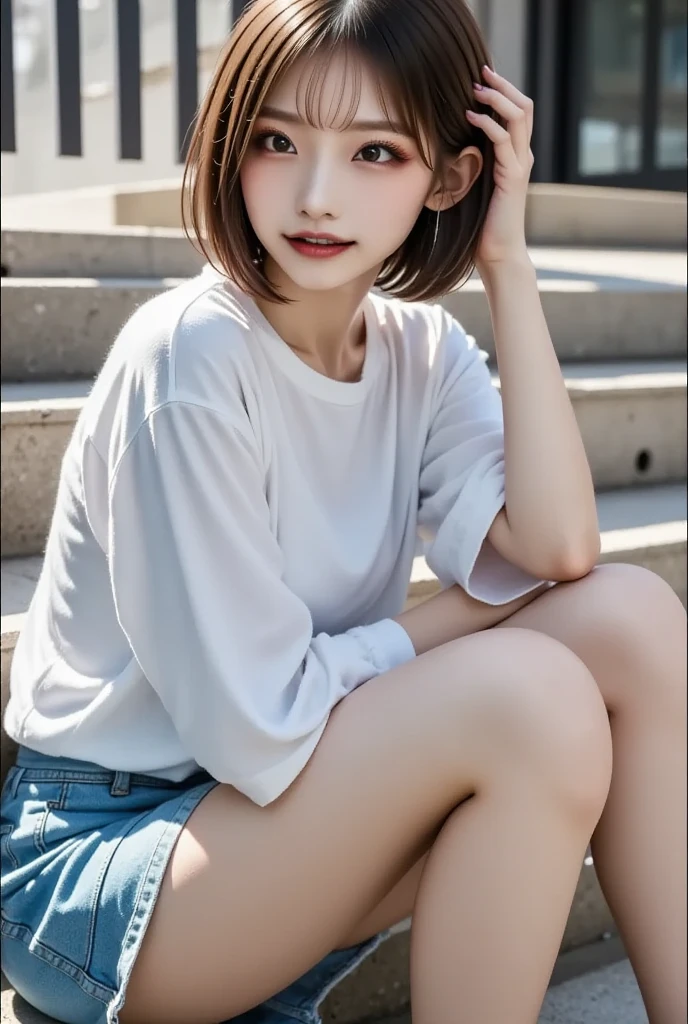 ((Are standing)) , (Hands on knees) , Leaning forward , masterpiece , Highest quality , Very detailed , (15-year-old female)、Blonde、Short Hair、Earrings