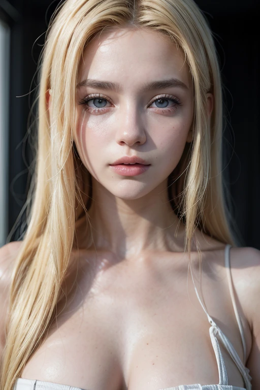 Ultra-realistic blonde girl with a beautiful Caucasian face, des yeux bleus et un t-short blanc transparent. On peut apercevoir ses seins a travers la chemise. Several in the background