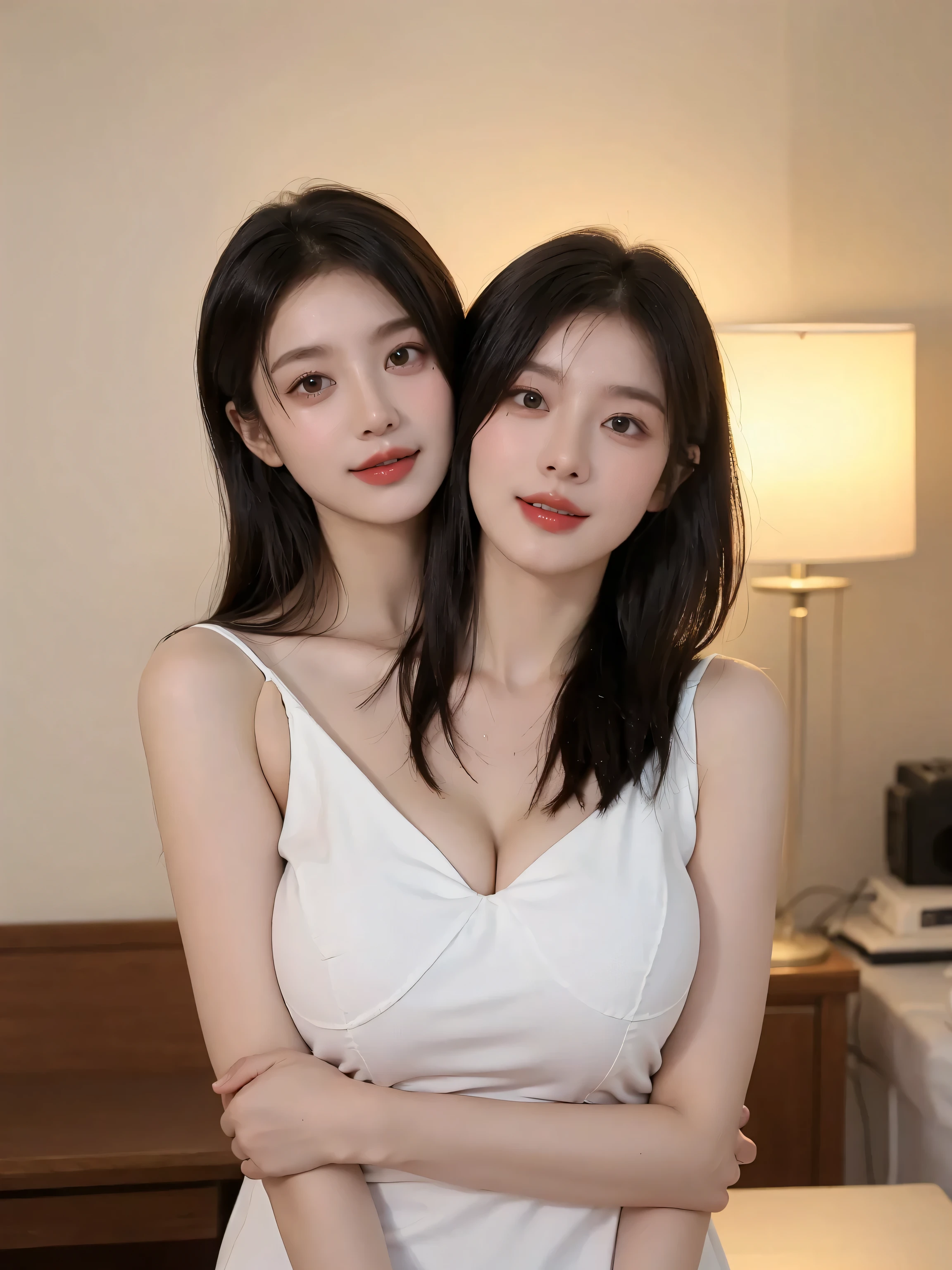((Highest image quality, outstanding details, ultra-high resolution)), 3milfs, surprise, (2person are 45 yo in 3 milfs), ((portrait:1.5)), makeup, white shirt, lewd, erotic, touch own breasts, ((seduction expression)),
