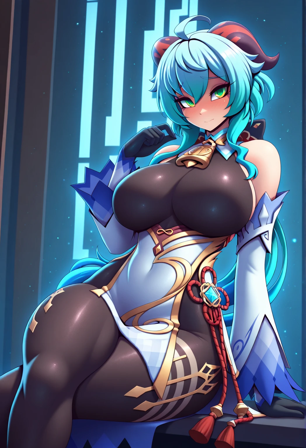 Tall Blue Skin Twi'lek with (gigantic breasts) wearing a tight short gold minidress, short dress, miniskirt, high neck, sleeveless, (keyhole cleavage), tattoos, huge breasts, cleavage, tall, graceful, (tall, long legs), athletic, slim hips, small waist, full-body shot