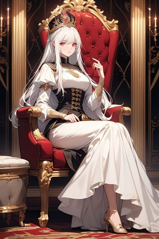 (best quality,realistic)A regal princess sits on the throne of her castle, her expression serious and commanding. She is adorned in highly detailed royal attire with a distinct sci-fi style, combining elegance with futuristic elements. Her long, flowing silver hair contrasts beautifully with her piercing yellow eyes. The opulent royal chamber around her is meticulously designed, featuring warm tones and illuminated by soft amber lights, all in a sophisticated sci-fi aesthetic.
