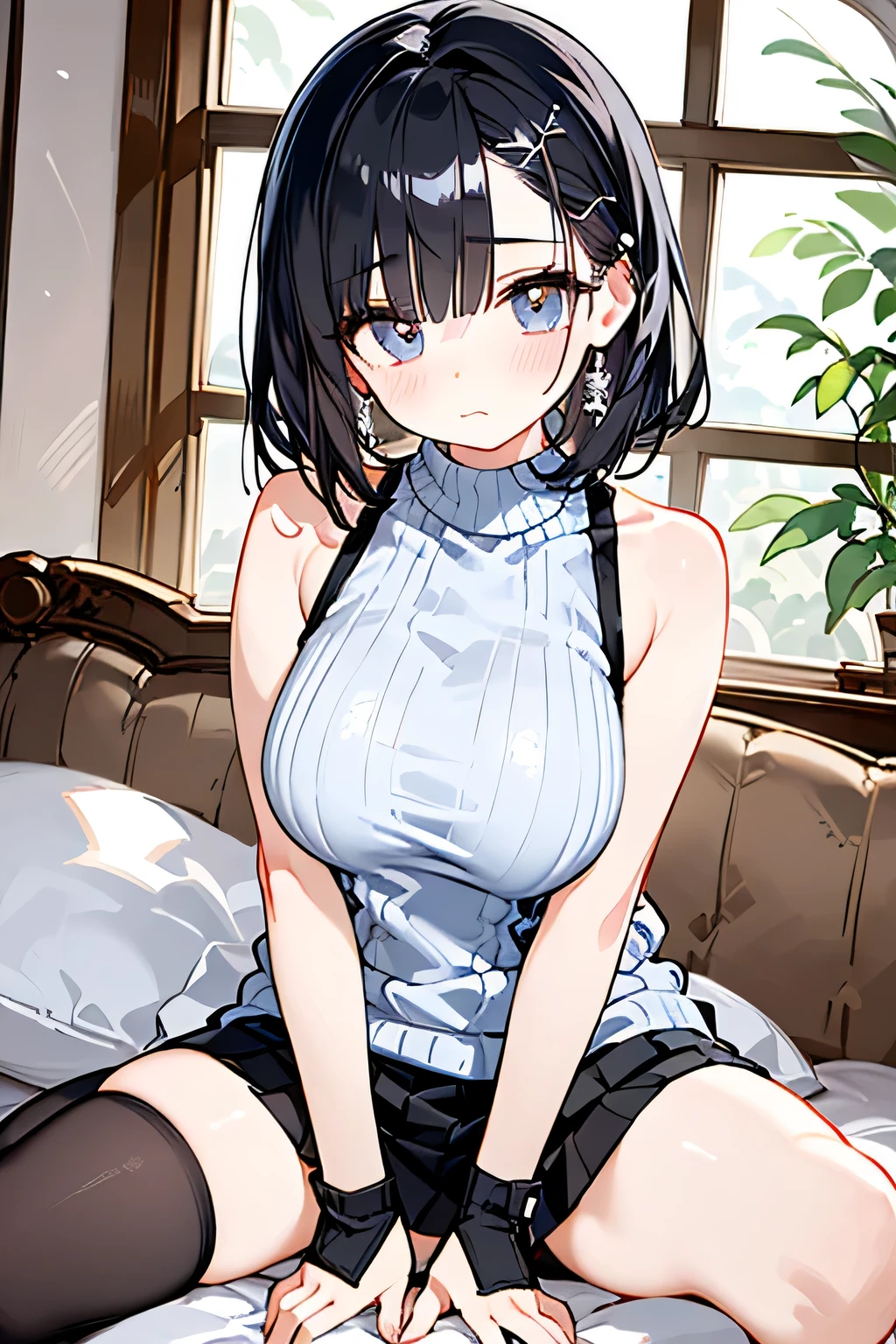 Shyness,(Concealed hair x hairpin),Natural body ,(sleeveless x sweater x knee-high socks,),Detailed Clothes,(slender figure,marshmallow breasts ),beautiful dark hair,Beautiful dark eyes,well-groomed face,transparent skin,Fair skin,Japanese face,Middle School Student,Mansion,Private room,