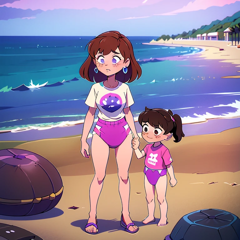 the entrance to a beach resort, a chubby girl next to the entrance, very chubby, large belly, massive thighs, large breasts, tight clothes, softly smiling, standing next to a sign that says 'Opu Nui Beach & Resort', palm trees, in front of a beach, wearing hotel atelier clothes, standing beside the sign, resort in the background, tall, wearing a large white sunhat, gesturing to the sign for the resort, very sexy, very fat, obese, beautiful woman