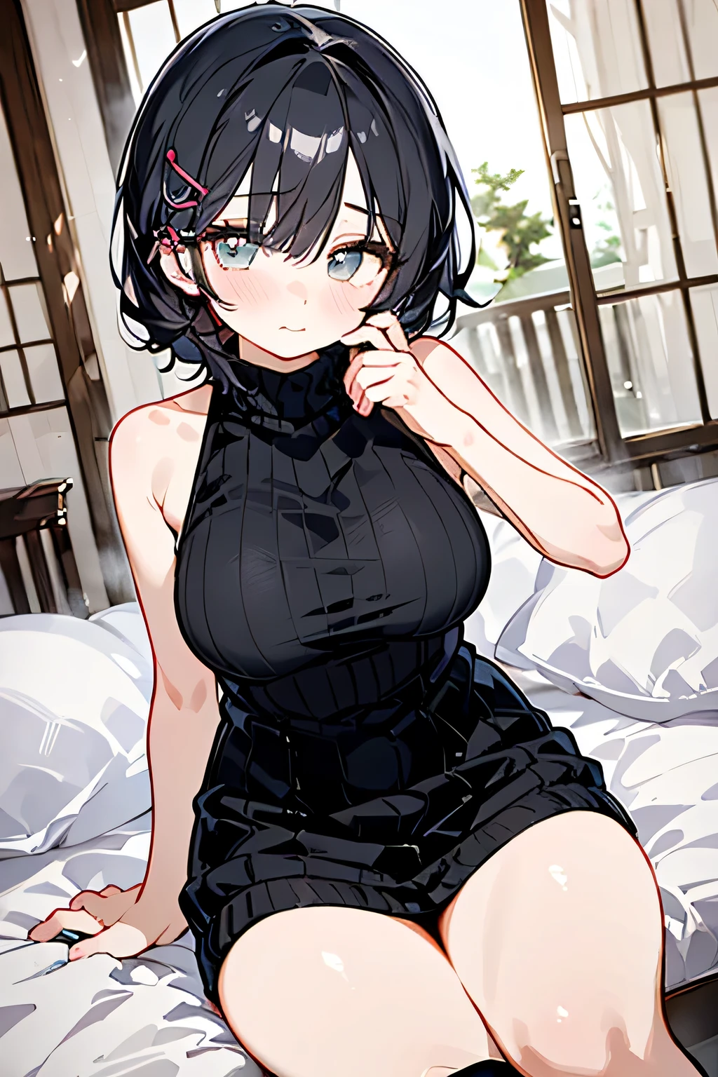 girl、Big Breasts、Black Hair、Bob Hair、Black off-the-shoulder dress、Sit on the sofa、Adult entertainment establishment、smile、Put your hand over your mouth