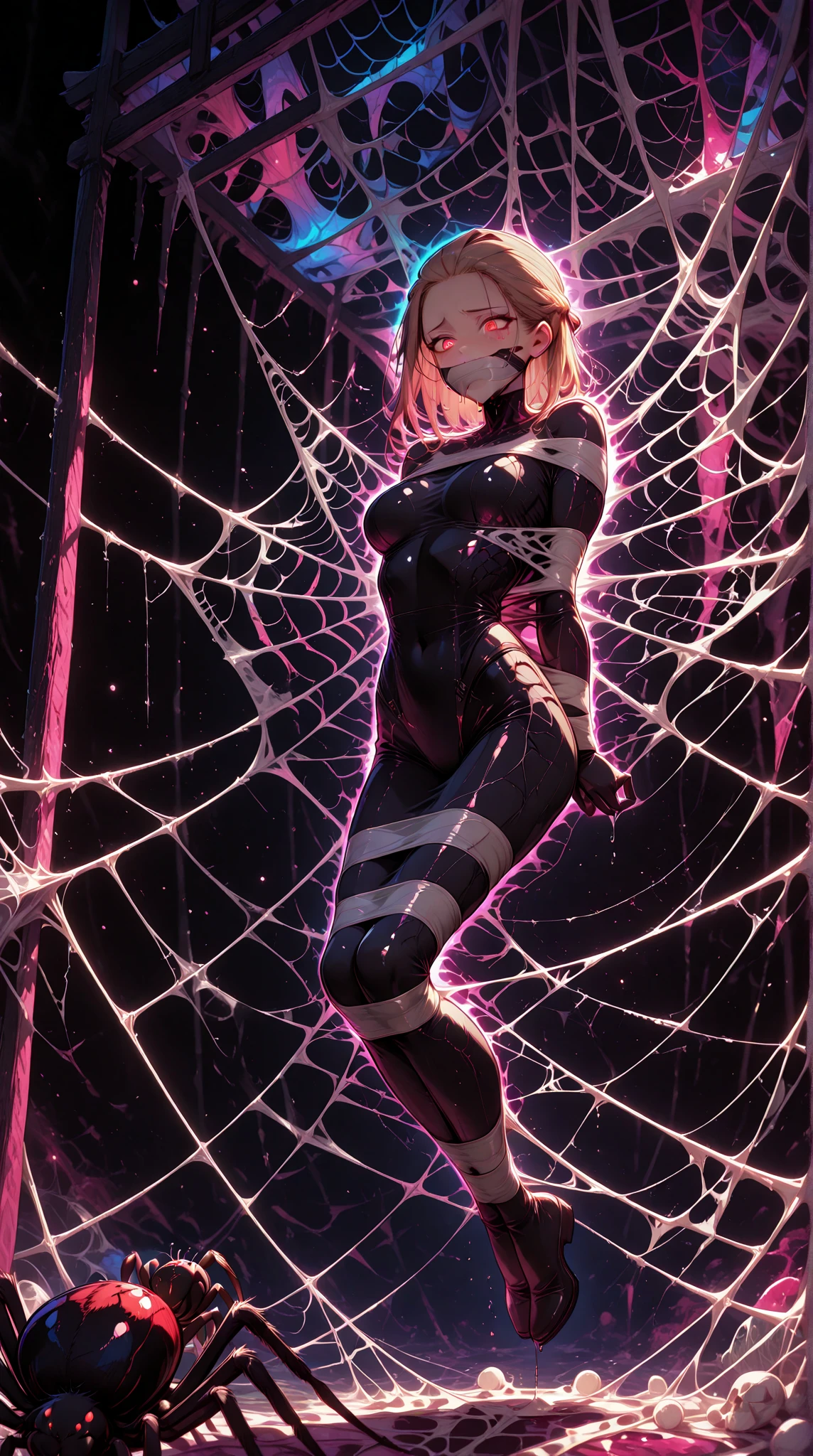 cinematic lighting、Super thick skin、Beautiful quality with attention to detail、cyber punk、spider girl、(alternative、dull tone、calm tone:1.3)(1 beauty、Beautiful face in every detail:1.3)(Bewitching Black Spider Tight Suit:1.7)(Nunja~well-shaped chest、Arachne tattoo on chest、Arachne:1.2) (look back、squat、raise your hand:1.2)(Two arms grow on your back:1.4)(body fluids attached to the body:1.4)spiderweb、The white body contains Arachne threads.。(elation:1.4)