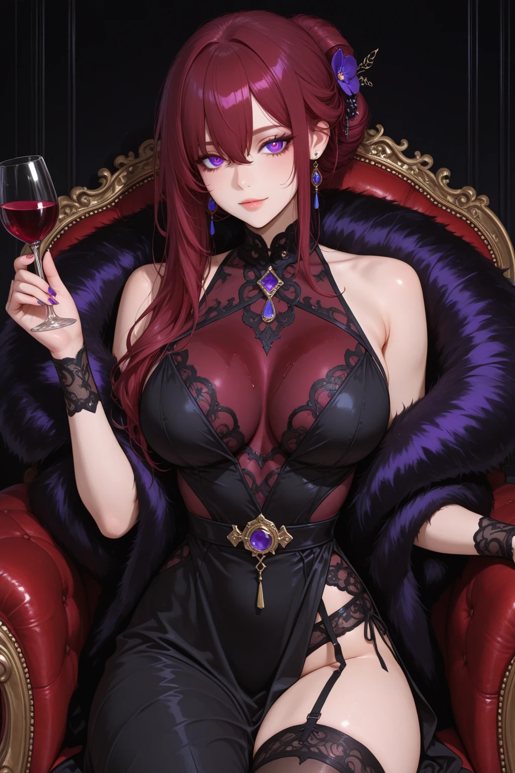 A demon woman with red hair and green eyes in a purple dress adorned with different golden jewels in a seductive posture