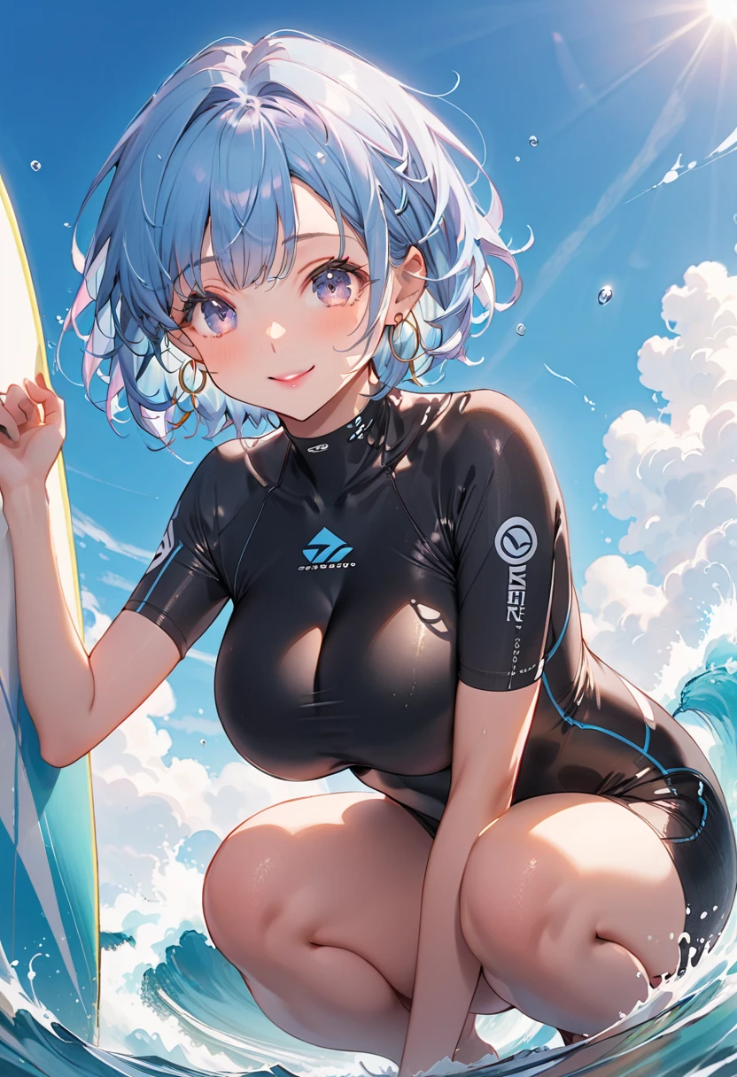 sunlight, masterpiece, highest quality, Detailed CG image quality, ((1 girl)),Rem,Re:zero,blue hair,short hair, alone, smile, pink lipstick, red cheeks, Blue sea with high waves, The best blue sky, White cloud, ((surfing)), (big breasts), (Wetsuits), ((hard erected )), light perm hair, hair blowing in the wind, splash water, detailed face, fine eyes, whole body angle, High quality water, super settings, Sexy Model Pose, ((Angle from inseam 10 cm)),