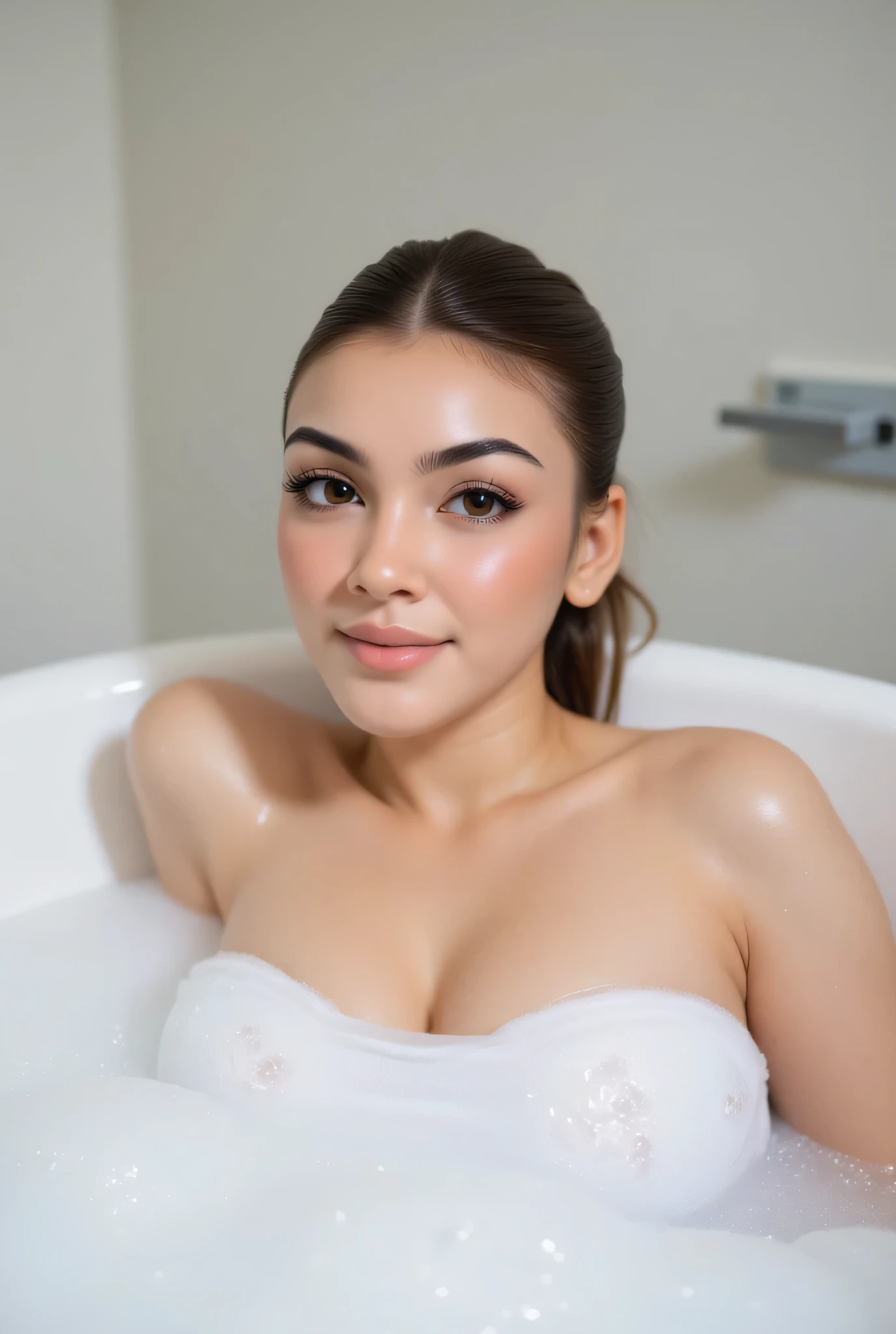 CREATE ANIME CARTOON 3D PHOTO, "A highly realistic, ultra-detailed portrait of a woman relaxing in a bubble bath, captured in the best settings of a SONY A7R with a fast prime lens (f/1.8). The scene features a minimalist bathroom with soft, natural lighting, emphasizing the subject's smooth skin, delicate facial features, and the dynamic texture of the foam. Hyper-detailed textures, cinematic lighting, and a sharp focus create an immersive depth. 32K resolution, photorealistic rendering, skin pores and water droplets visible, ultra-sharp image, professional photography style."
.