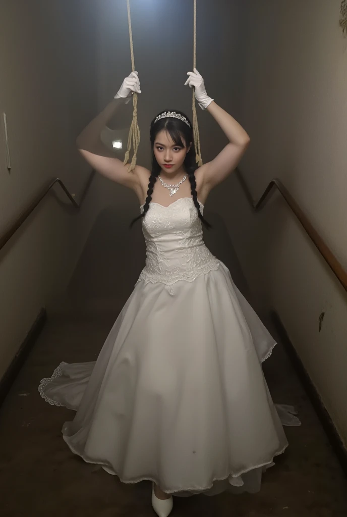 Close-up of a beautiful bride in a beautiful wedding dress, garbage,( pillory:1.5), weakness on the head, weakness on the hands, weakness,(bridal veil: 1.5), (Short transparent veil: 1.5), flushed face, Head flower, headgear, (tubular wedding dress: 1.5), (silk dress: 1.2 ), (strapless wedding dress: 1.5), pure white dress, necklace, earrings, (huge breasts: 1.3), Deep V Heart Color Wedding Dress, bangs, lipstick, (lace gloves: 1.3), whole body写真, High detail RAW color art, white long skirt, whole body, put your hands behind her back, and a floor-length skirt,