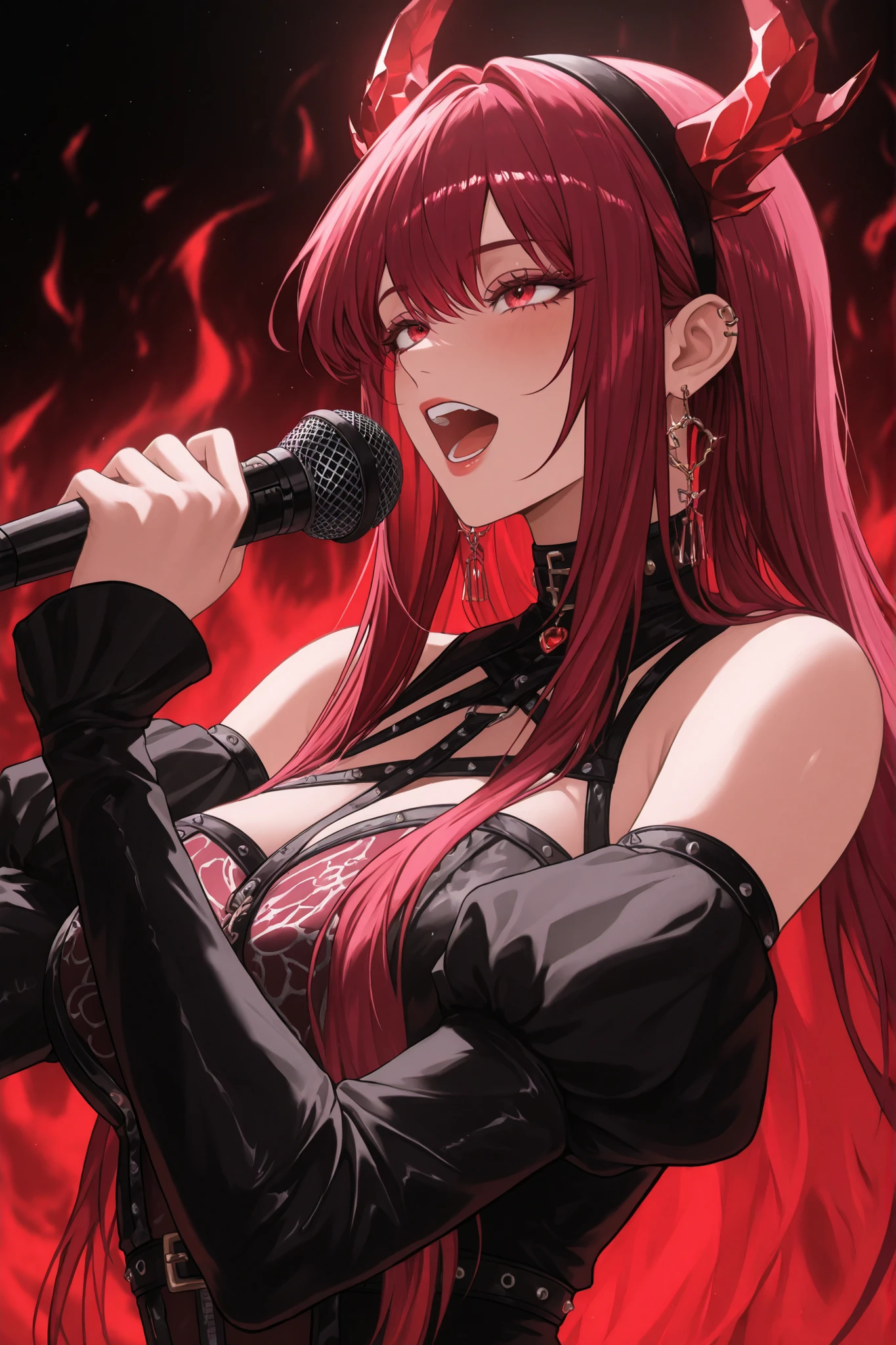 disaster々A close-up of the demon that shines brightly&#39;s eyes, Dark and chilling elements of a horror movie, perfect masterpiece, High quality, High resolution,Singing with a microphone,Two Women