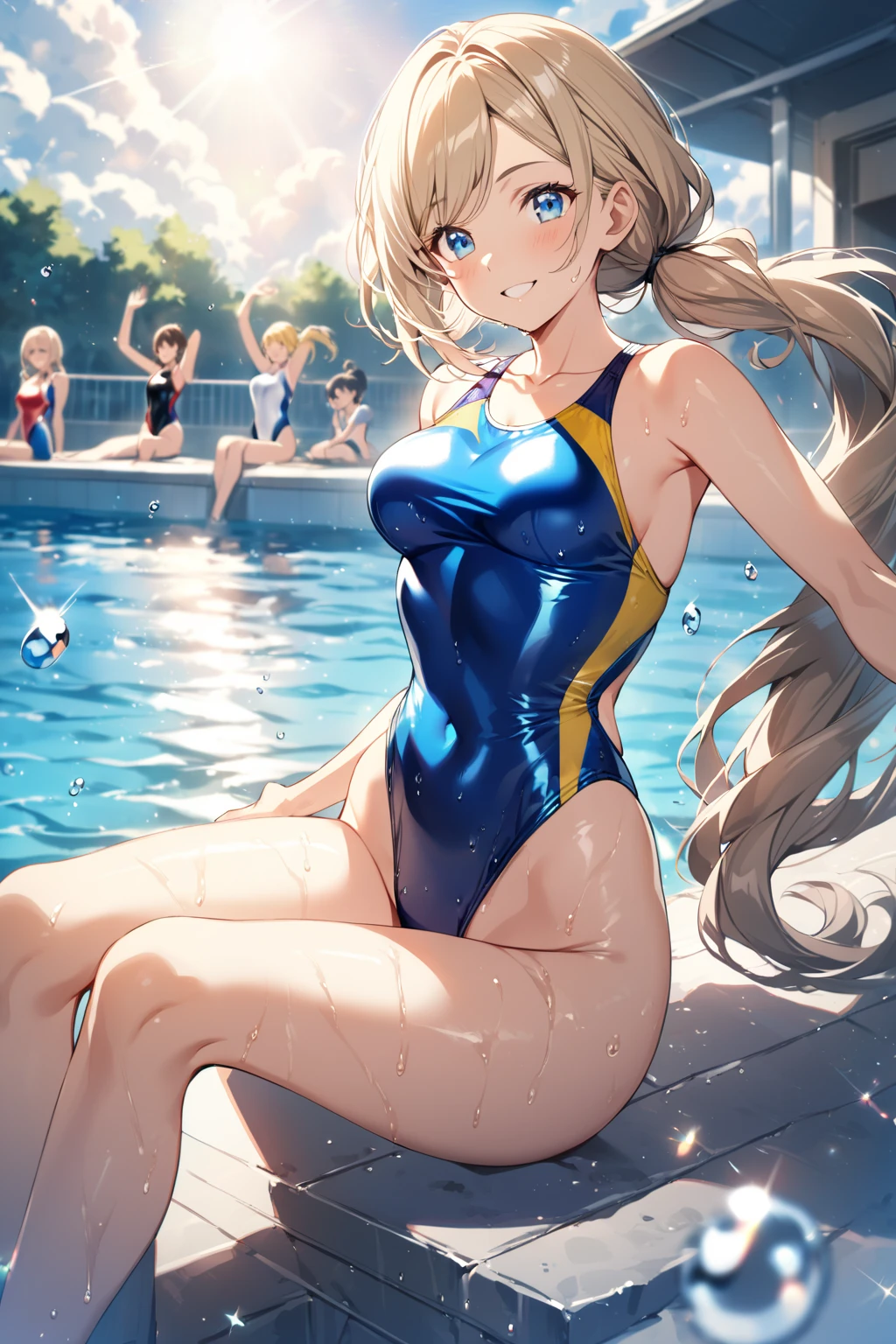 pokemonlilie, blonde hair, blunt bangs, (green eyes), long hair,flat chest,skinny,(chibi:1.3),(white competition swimsuit:1.3),see through,wet,masterpiece,Noise Reduction,perfect anatomy,high resolution, ultra-detailed, ultra-detailed face,game cg,dutch angle ,beautiful detailed eyes,visualart,five fingers, perfect hands, perfect lighting, sparkling pupils,