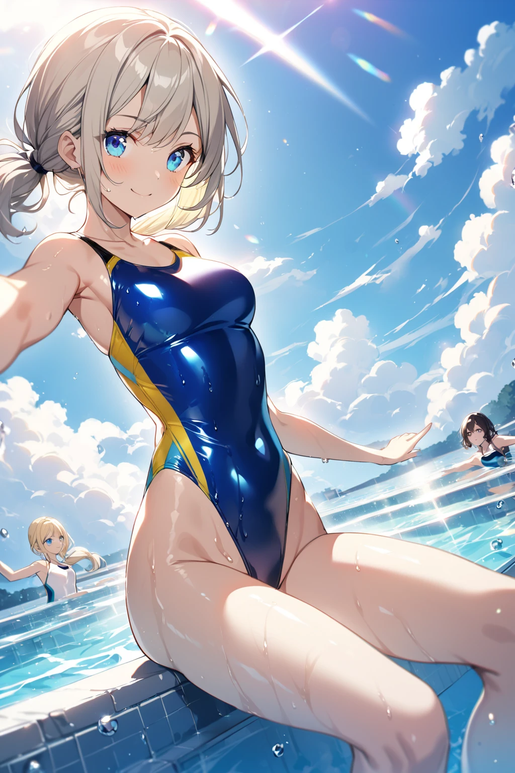 Vocaloid,Kagamine Rin, short hair,yellow hair, number tattoo,(see through white competition swimsuit,see through:1.5),(chibi:1.2),navel,thighs, Sweating,smile,open mouth,jumping, masterpiece,Noise Reduction,perfect anatomy,high resolution, ultra-detailed, ultra-detailed face,game cg,dutch angle ,beautiful detailed eyes,visualart,five fingers, perfect hands, perfect lighting, sparkling pupils,