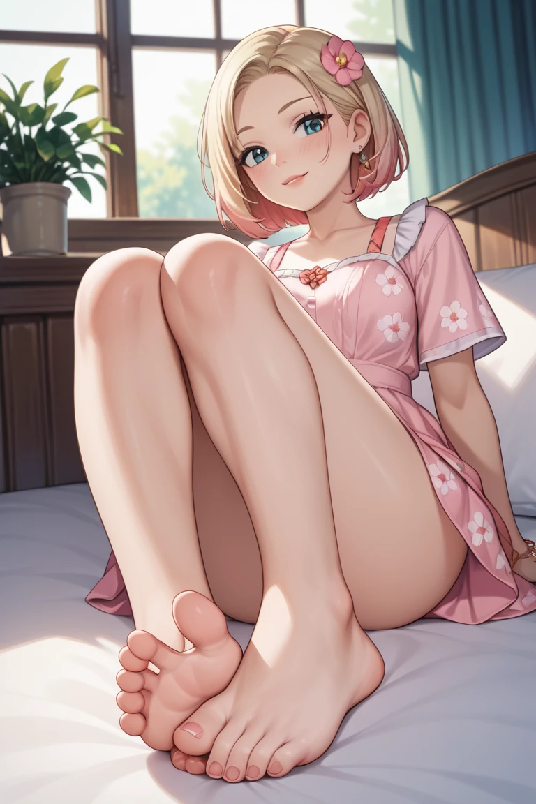 A beautiful lolita girl sitting on the bed with her legs open, anime girl, in the room, home interior, pastel pink lolita dress, short sleeves, a pair of short socks, choker with a bow, short white gloves, lolita shoes fashion, white panties, dark brown hair, long wavy hair, two pigtails, swept bangs, hair ribbon, aqua eyes, bright eyes and pupils, pink lips, glossy lips, blush, earrings, big round breasts, thin waist, perfect arms, defined thighs, thin legs, raised knees, legs open, looking at the viewer, flirty smile, shows her panties, I can see your panties, upskirt, masterpiece, high definition, natural light, high detail, anime, dithering, image fill, perspective, Wide-Angle, f/1.8, 85mm, Sony FE GM, 8k, 8k wallpaper, super detail, highly detailed CG, UHD, retina, masterpiece, accurate, anatomically correct, textured skin, highres, best quality:1.3, 16k