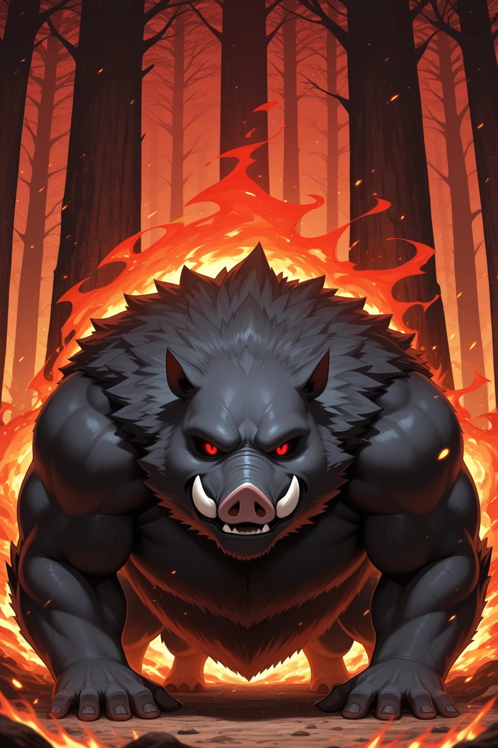 Solo, male (((giant, tall, wolf, werewolf, red eyes, grey body, Muscular, broad shoulders, hyper pecs, huge pecs, huge muscles, muscular arms, muscular thighs, abs, 6 pack, sharp teeth, black chest hair, black nose, tail, tusks, clawed hands, clawed feet, big tusks, horns, big horns, body marking, red markings, black claws, scruffy cheeks, huge bulge))) forest, night, standing ((male focus, focus wolf, focus tusks, focus teeth)) rubbing stomach, detailed hands, detailed eyes, detailed face, detailed teeth, detailed tusks, detailed arms, detailed abs, detailed bulge, detailed snout, briefs, black briefs, big briefs, accurate tusk placement, perfect anatomy, by darkgem, by mystikfox61, by glitter trap boy