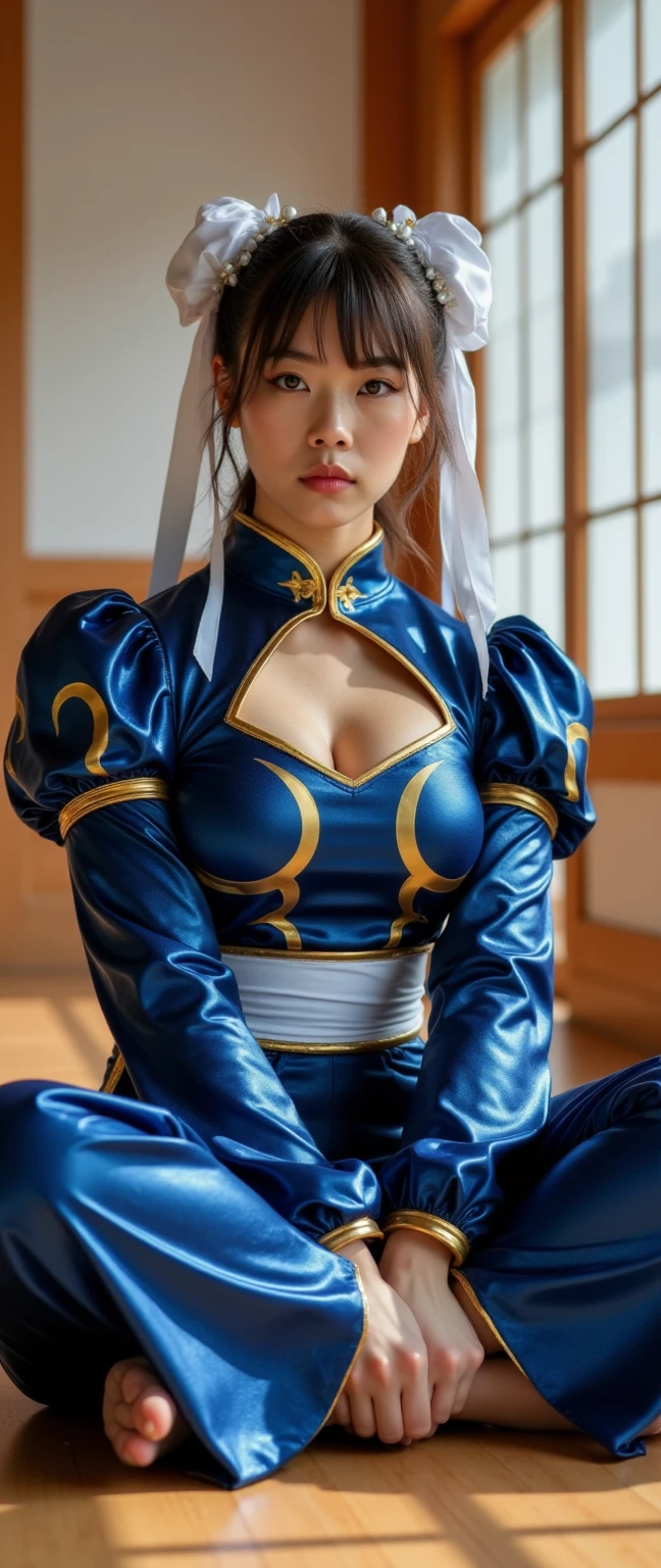 (masterpiece, top quality, best quality, official art, beautiful and aesthetic:1.2), (1girl:1.3), (fractal art:1.3), solo, Kitana from mortal kombat, Mortal Kombat video game, blonde hair 
black headband, long blonde hair, huge breasts, beautiful faces, asian lady, blue ninja uniform for lady, black gloves, blonde hair,blue long socks, long blue footwear, (steel fans in her hands) , waving with steel fans with her arm, 
large breasts,sexy ninja blue uniform , earrings,  midriff, navel,toned,
looking at viewer, upper body, fighting stance, background contains Mortal kombat logo