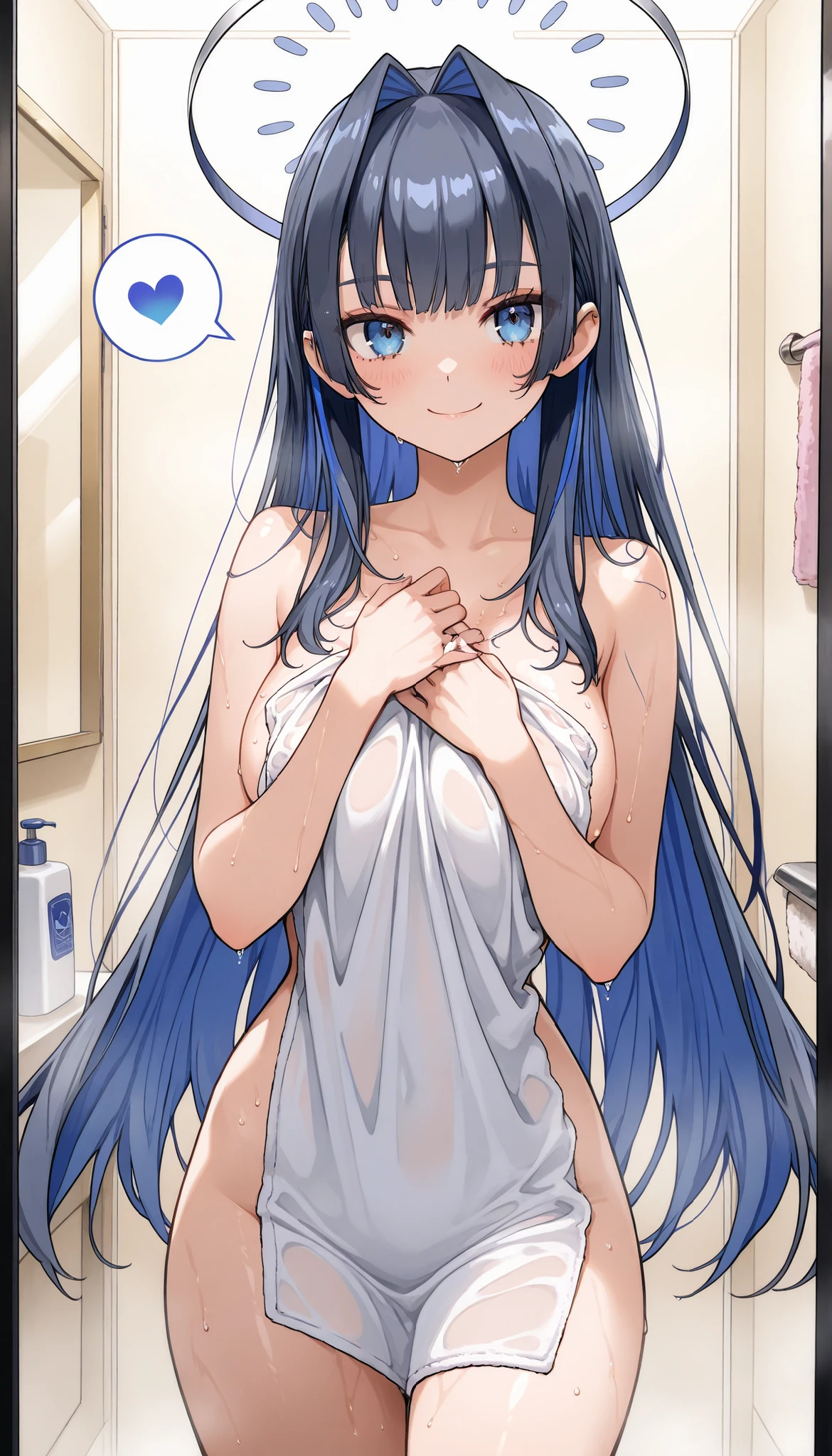 (Highest quality), (High resolution), (masterpiece), (Very detailed), Shiro \(no game No life\),Long Hair,Multicolored Hair,Hair between the eyes,Gradient Hair,Flat Chest,, Blue Archive Art Style, One Girl, Silky skin, Shiny skin, blush, Heart pupil, Heavy breathing,(Micro Bikini), Front view,  (Bright saturation), Press your chest against the glass, Wet, The swimsuit is see-through,Turn your body forward, Put your hands in front, Glass-enclosed shower cubicle