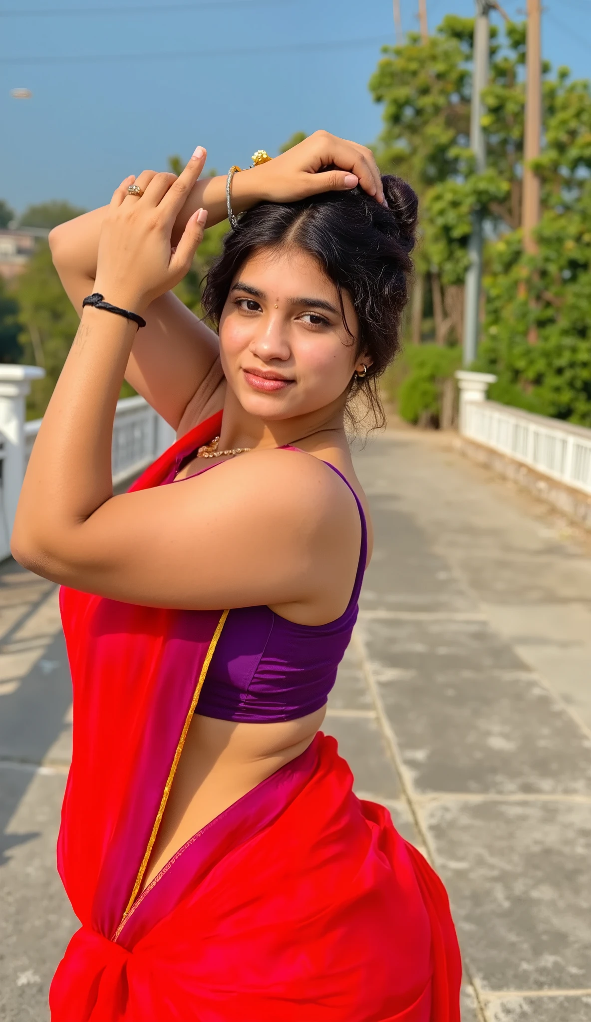 the image is a portrait of a young indian 25 years slim curvy newlywed woman her figure is curvy, sexy and erotic sensual. posing in a red strepless saree bra. she is wearing only strapless bra. remember the bra should be strapless only. she also wearing a gold necklace and earings. the woman has dark hair styled in bun and is looking directly at the camera with a sultry expression. her arms up above the head clasped together just prayer like gesture (namaste) and revealing her dusky hairy armpits. her body is so sensual she showing both her armpits. detailing in armpits. clean armpits, milky inderarms, sexy armpits,lusty armpits, kissable armpits. the background is garden with flowers, butterflies, and tress. the overall mood of image is sensual, erotic, sexy, lusty and elegant image must be taken by dslr 4k quality. high resolution, breast bulge.