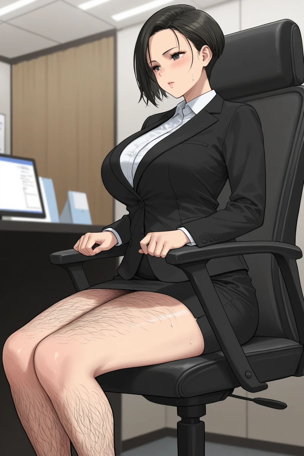 ((masterpiece:1.2), best quality, (extreme detail), (official art), (ultra-detailed), ((anime screencap)), extremely, detailed, (CG), 4k, anime, cowboy shot, 1girl, (solo), axel persona, (takemi tae), black short dress, cleavage, red eyes, bluish black hair, short hair, (blunt bangs), wide hips, (large breasts), taut clothes, (thick thighs), studded collar, lab coat, (crossed legs), (sitting in an office chair).
