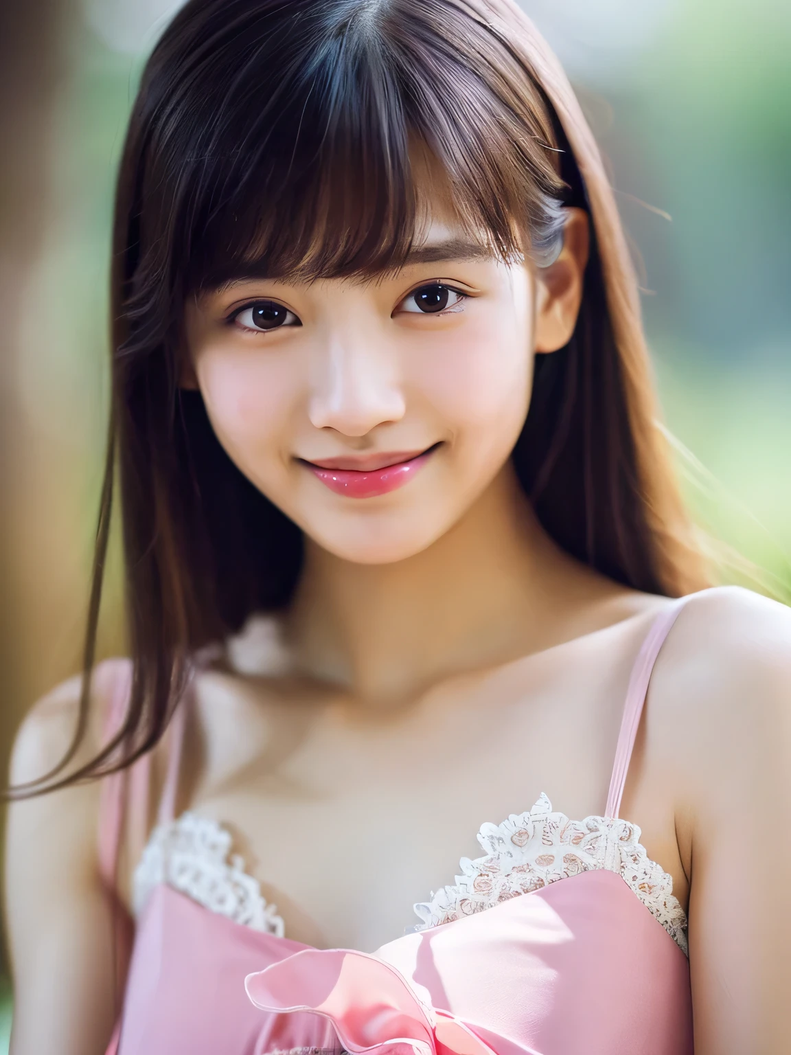 1 Japanese girl, beauty, Cute face, Idol Style, (Pink Shirt Dress:1.2), (RAW Photos, highest quality), (Realistic, Realistic:1.4), Tabletop, Very delicate and beautiful, Very detailed, 2k wallpaper, wonderful, finely, Very detailed CG Unity 8K 壁紙, Very detailed, High resolution, Soft Light, Beautiful detailed girl, Very detailed目と顔, Beautiful and sophisticated nose, finelyて美しい目, Cinema Lighting, (The background is blue sky), Perfect Anatomy, Slender body, small, bangs, smile,