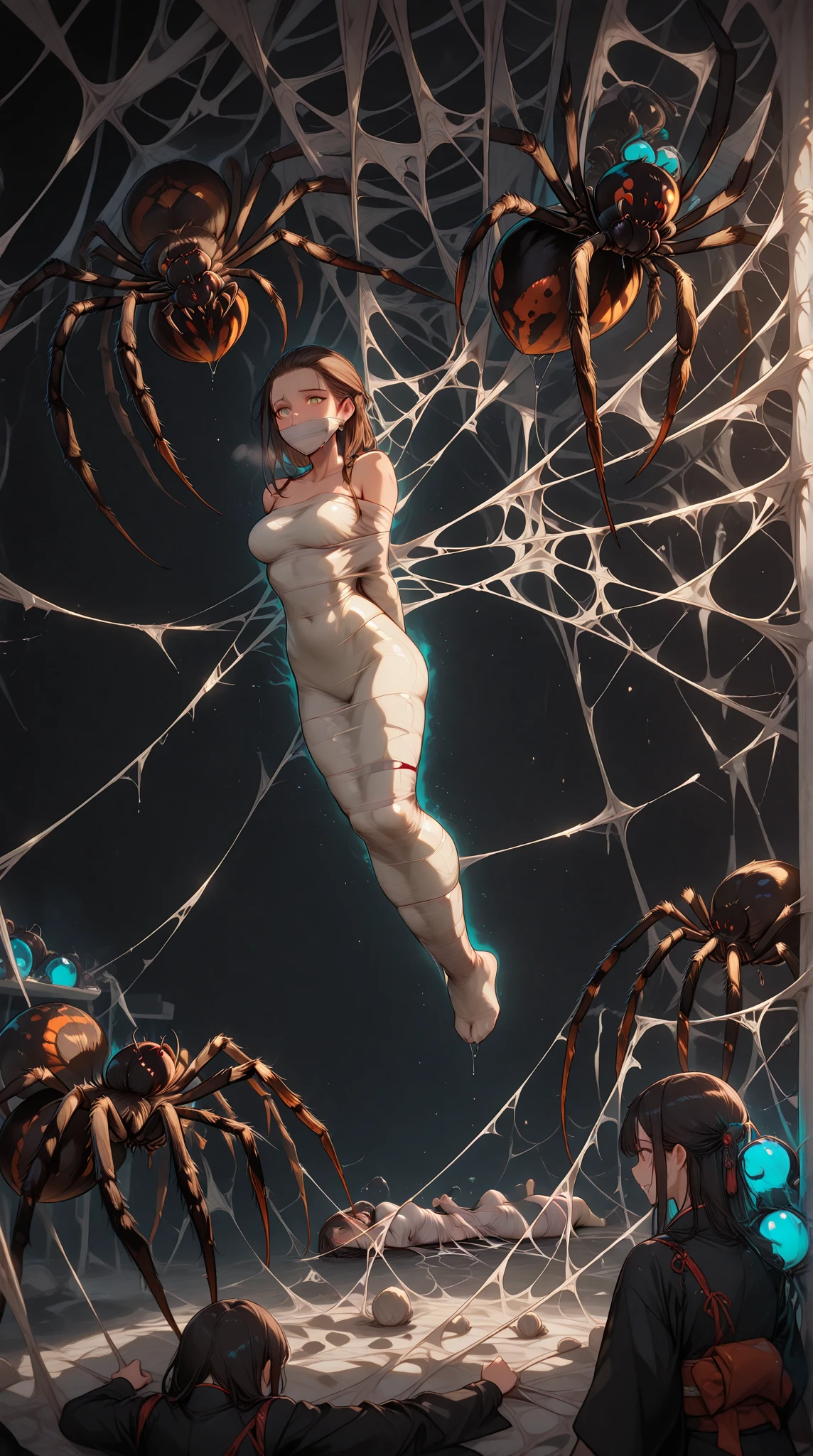 best quality,ultra-detailed,classroom,photorealistic,hanging,spiders in the web,long spider legs,beautiful girl,desperate struggle,entangled,despair,cocoon