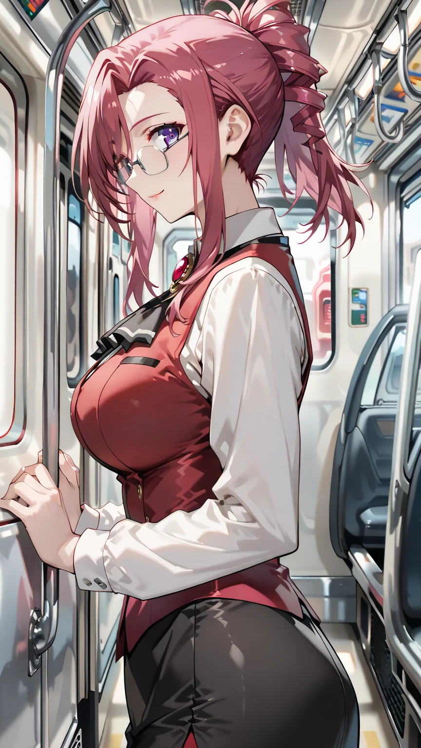 schoolgirl, ponytails, red hair, smiling, erotic, girl's room, on the bed, small naked breast, garter belt, without panties, on the train, sit down
