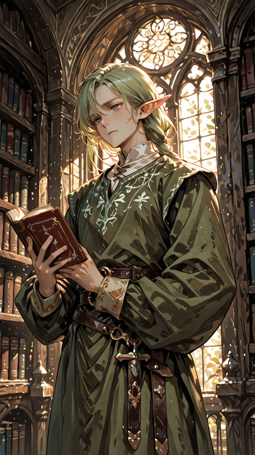 (((mature male))),((adult man)),(short pointed ears),blond hair,green eyes,(shoulder length hair),mage,fantasy setting,studies,surrounded by books,magic,flowing robes,mystical symbols,ancient texts,scrolls,(sat at desk),,ethereal glow,enchanting aura,magical orbs levitating in the air,mythical creatures,dragon figurines,spellbinding masterpiece,(((no bangs))),((forehead)),((upper body)),short Hair, soft painterly style, (white and red and blue robes), ((character focus)), Serious expression,Illustration,magic,(tired eyes)