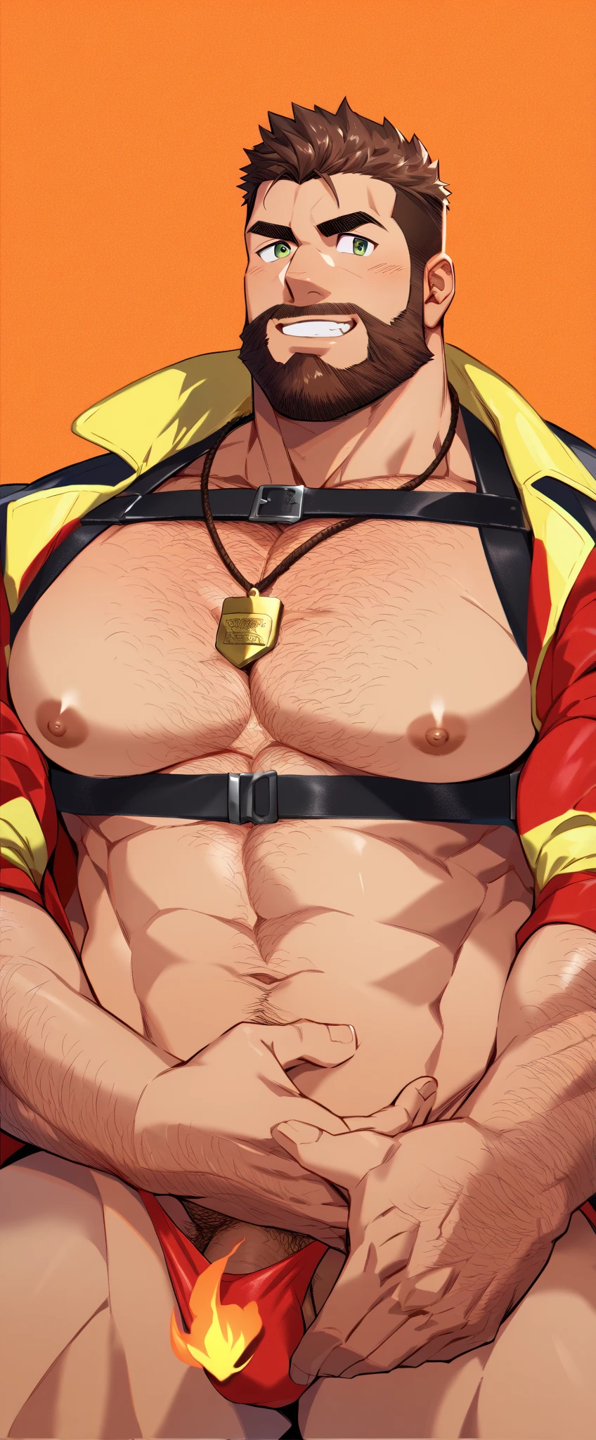 score_9, score_8_up, score_7_up, score_6_up, perfect anatomy, perfect proportions, best quality, masterpiece, high_resolution, high quality, best aesthetic, incredibly absurdres, highres, extremely detailed, huge filesize, mature, masculine, manly, virile, handsome, charming, alluring, bara, male focus, solo male, cowboy shot, dutch angle, source_anime \(Cells at Work! CODE BLACK\), anime coloring \Cells at Work! CODE BLACK\), Killer T Cell, CaWBlKillerTCell, (blond hair, black eyes, sanpaku, long sideburns, facial hair, chinstrap beard, jawline beard, scar on face, scar on cheek,  (old man, wrinkle, rugged, brute face), CaWBKillerTCell_outfit, black cap, Killer T Cell cap \(Cells at Work\), black earpiece, Killer T Cell uniform, black shirt, partially unbuttoned shirt, chest hair, short sleeves, black fingerless gloves, (black long pants, black pants), grin, look at viewer, from below, low angle, Cells at Work city background, outdoors