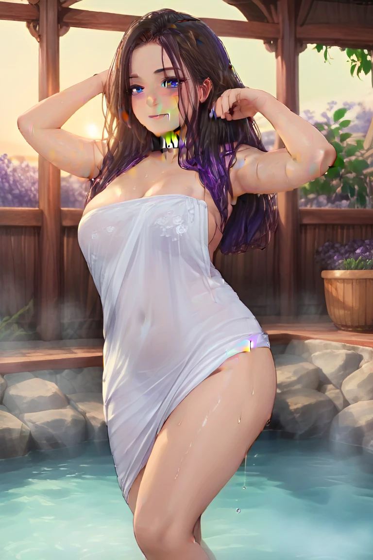 (Best picture quality,  masterpiece, Master-class high-density imaging), 2 wom3n，(realistic lighting 1.4)，25 year old, World-class beauty, Face with golden proportions，happy smile，Very white skin, bright white skin, skinny body：1.5，Outdoor hottub HD background：1.2，Beautiful long purple hair，(Layered Hair Style, Small hair ornament, Small earrings, big perky breasts:1.3), Long shot, Facing ahead, laying face down, Bare feet, hyper realistic image:1.3)， ，
