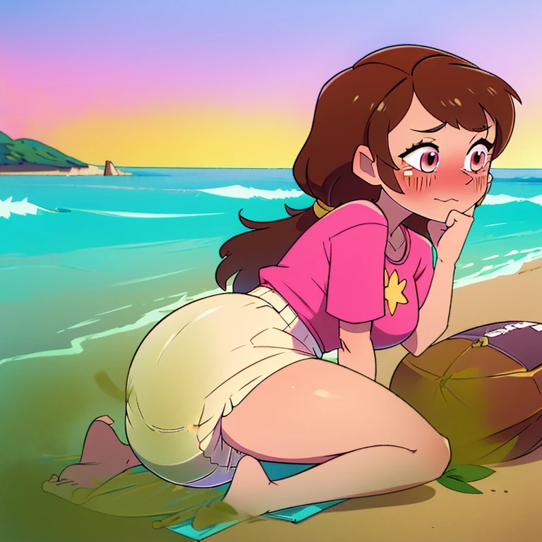 Nsfw instagram post,nstagram post, anime realism, connie maheswaran, open mouth, tongue out , on her knees, happily submissive, hyper-detailed art, masterpiece,cel-shaded, screencap, best quality, hyper-detailed animation, thickline,hyper absurdres, hyper aesthetic, hyper-detailed background, scenery lighting, scenery shadowing, best perspective, sensual shadowing, strong and attractive, beach ,purple sand, orange ocean, sandy hand prints on ass, hair out ,long hair, very darkskin expressive eyes, perfect hands, perfect face, perfect eyes, perfect anatomy, perfect proportions, natrual lighting, looking away, full breast, toned abs, round curvy plump ass, sensuous slight muscles, , leotard, hair ornament, black eyes, shining eyes, carnal demeanor, seductive smile, blowjob, sucking steven universe dick, rolling tongue, , cherry blossom skirt, ,Murakami Teruaki, steven universe, connie maheswaran,Very high image quality, clear details, high image quality