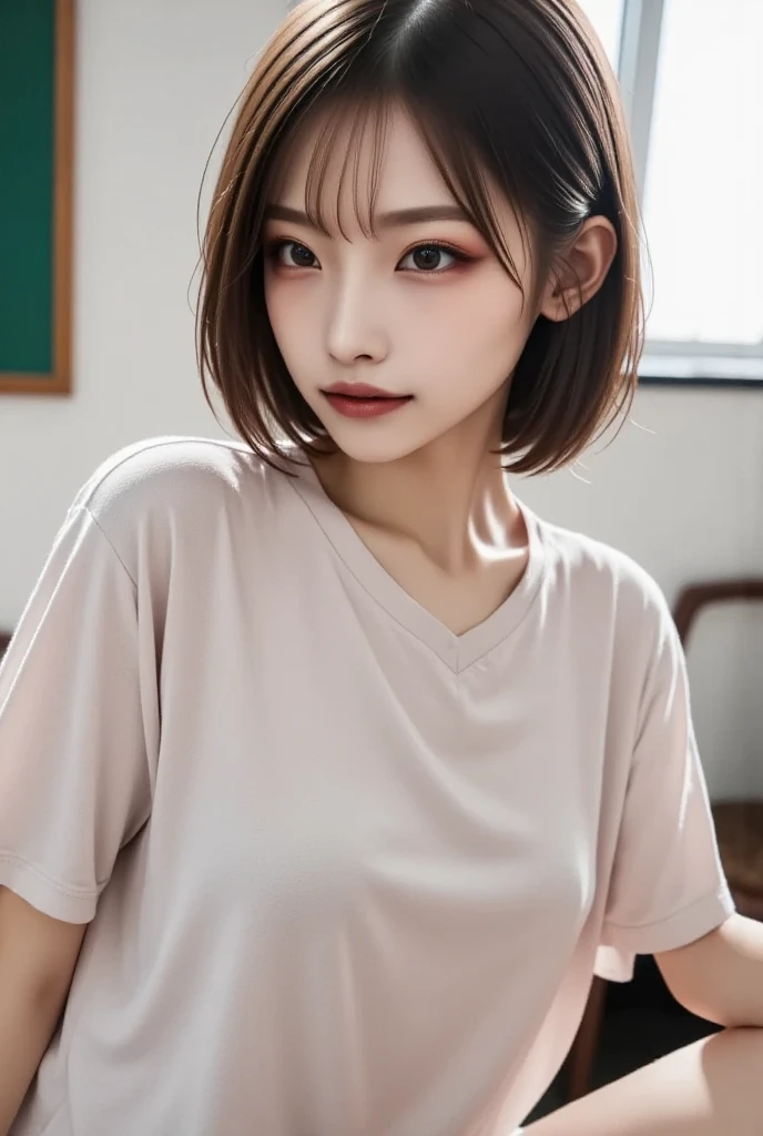 (High resolution、8k:1.3)、(Ultra-realistic as a photo:1.3)、Very nice finish、Sharp focus, 超High resolutionの顔、highest quality、The face is in focus、Ultra high definition and beautiful eyes、Eyes are symmetrical:1.3、High quality and beautiful skin、Firm Skin、Japanese Girls, very cute、17 years old、(Short sleeve shirt、Pleated skirt、mini skirt), indoor、Sitting、Natural Makeup, (blush:1.3), (Embarrassing:1.3)、(View your viewers:1.3)，short hair, messy hair
