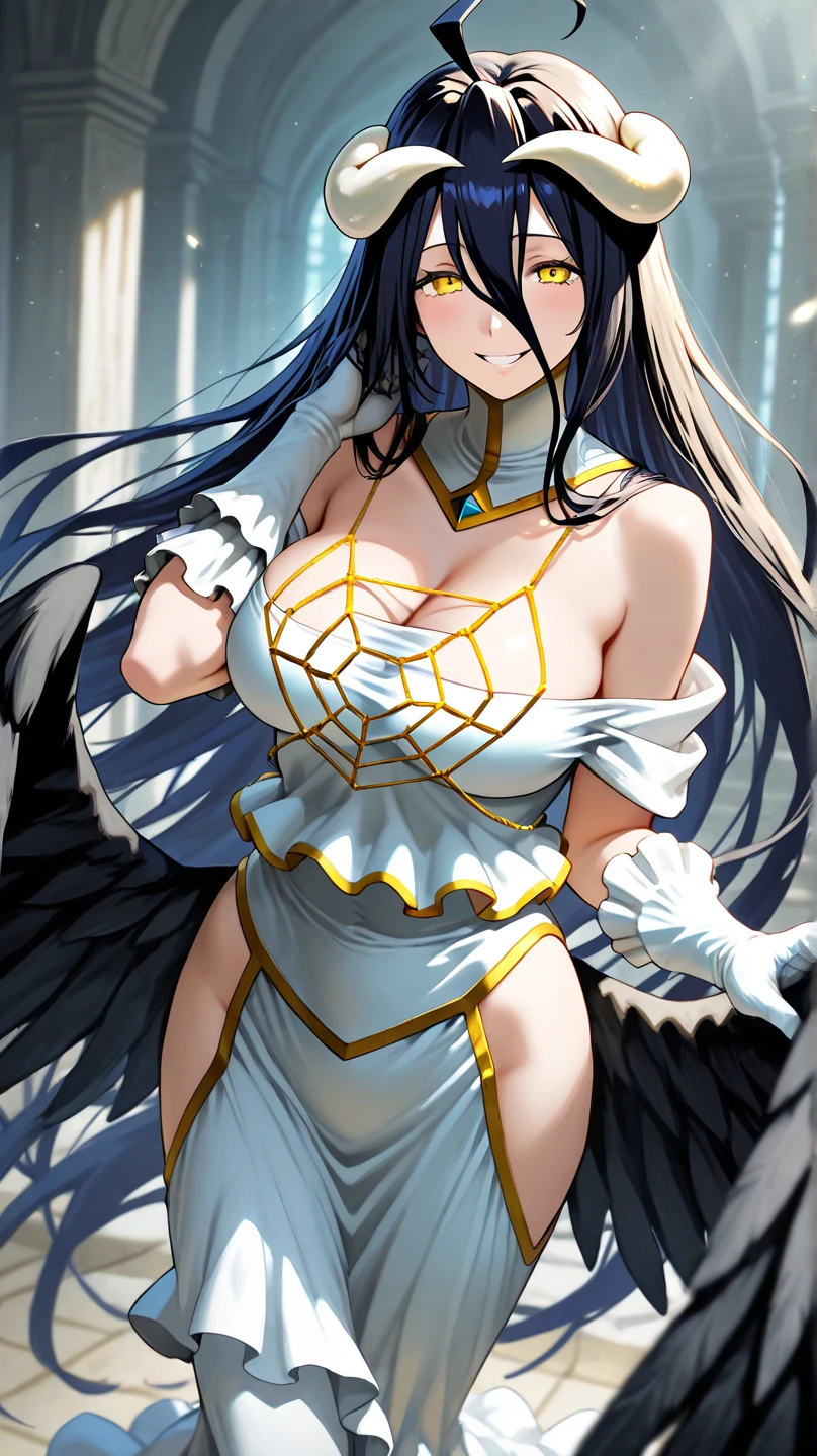 a blue background with stars and snowflakes,
Standing at attention,
wedding dress, yellow and white dress with flowers, cleavage cutout, cleavage ,white_flower,elbow_gloves, flower, gloves,blue_ribbon, blue_rose,
<lora:Annerose_Vajra_Action_Taimanin-KK77-V1:0.7>,<lora:saiminSeishidou:0.2>,bridal veil, bride,White_lace_pantyhose,
black hair,very long hair, Bangs,yellow eyes,makeup, lipstick,
1 girl, 20yo,mature female,Beautiful Finger,Beautiful long legs,Beautiful body,Beautiful Nose,Beautiful character design, perfect eyes, perfect face,
looking at viewer,
NSFW,official art,extremely detailed CG unity 8k wallpaper, perfect lighting,Colorful, Bright_Front_face_Lighting,
(masterpiece:1.0),(best_quality:1.0), ultra high res,4K,ultra-detailed,
photography, 8K, HDR, highres, absurdres:1.2, Kodak portra 400, film grain, blurry background, bokeh:1.2, lens flare, (vibrant_color:1.2)
(Beautiful,large_Breasts:1.4), (beautiful_face:1.5),(narrow_waist),