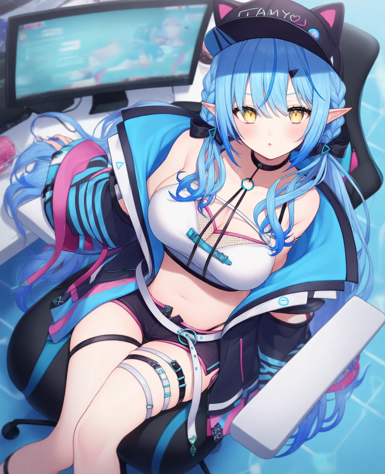 A blue-haired girl with big and a visible pussy masturbates with a vibrator