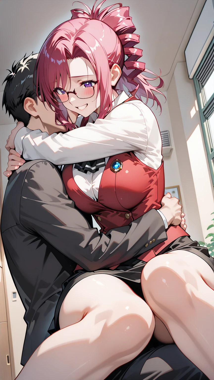 masterpiece (((1 man))) 1 girl (((men and women))) Pink hair Long hair Green eyes Big breasts Big nipples NSFW  (orgasm) (heart eyes) uniform blazer (Man sucking on woman&#39;s breasts) ((breastfeeding)) nipple sucking (((lap pillow))) Patting the head 