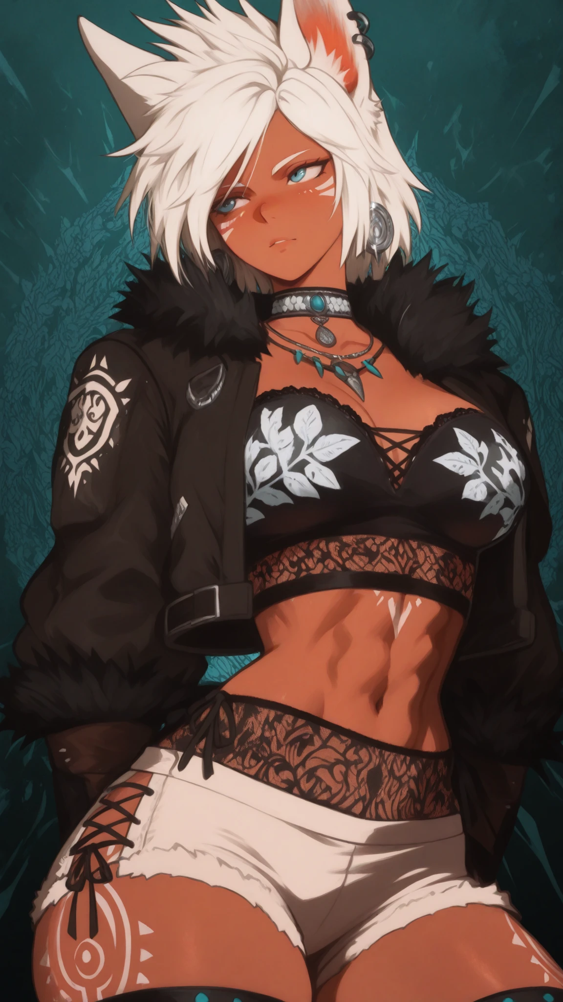 Score_9, score_8_up, score_7_up, score_6_up, source_anime, rating:general, 1girl, yorha no. 2 type b, Gyaruu, tan, Gyaru, makeup, pink blindfold, abs, fishnets, microskirt, jewelry, pink panties, fur jacket, pink breast curtains,