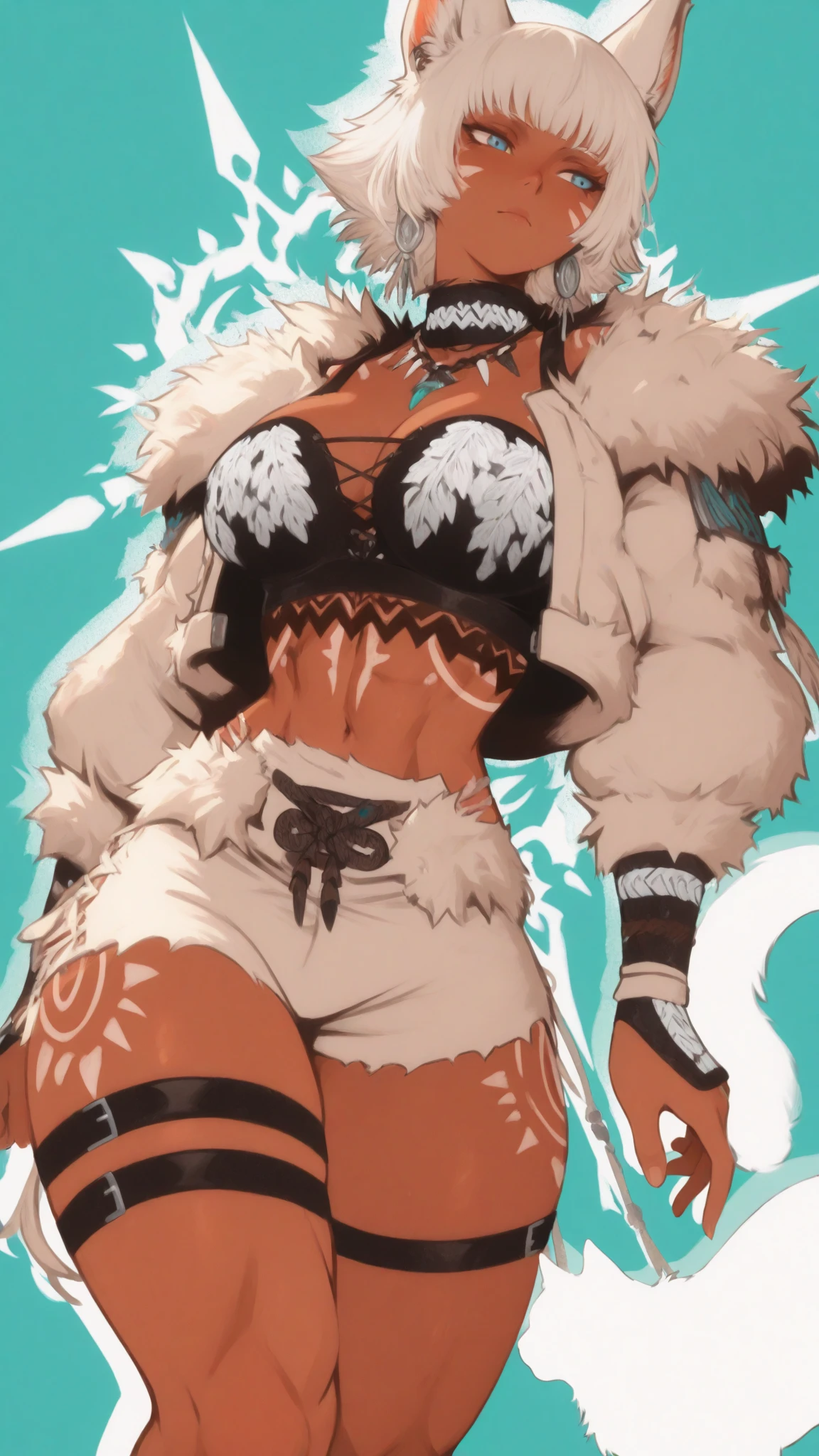 Alone human, Female, fantasy race, large breasts, leather bikini, hunter woman, white hair, standing, dark skin, cat ears, cat tail, tribal tattoo