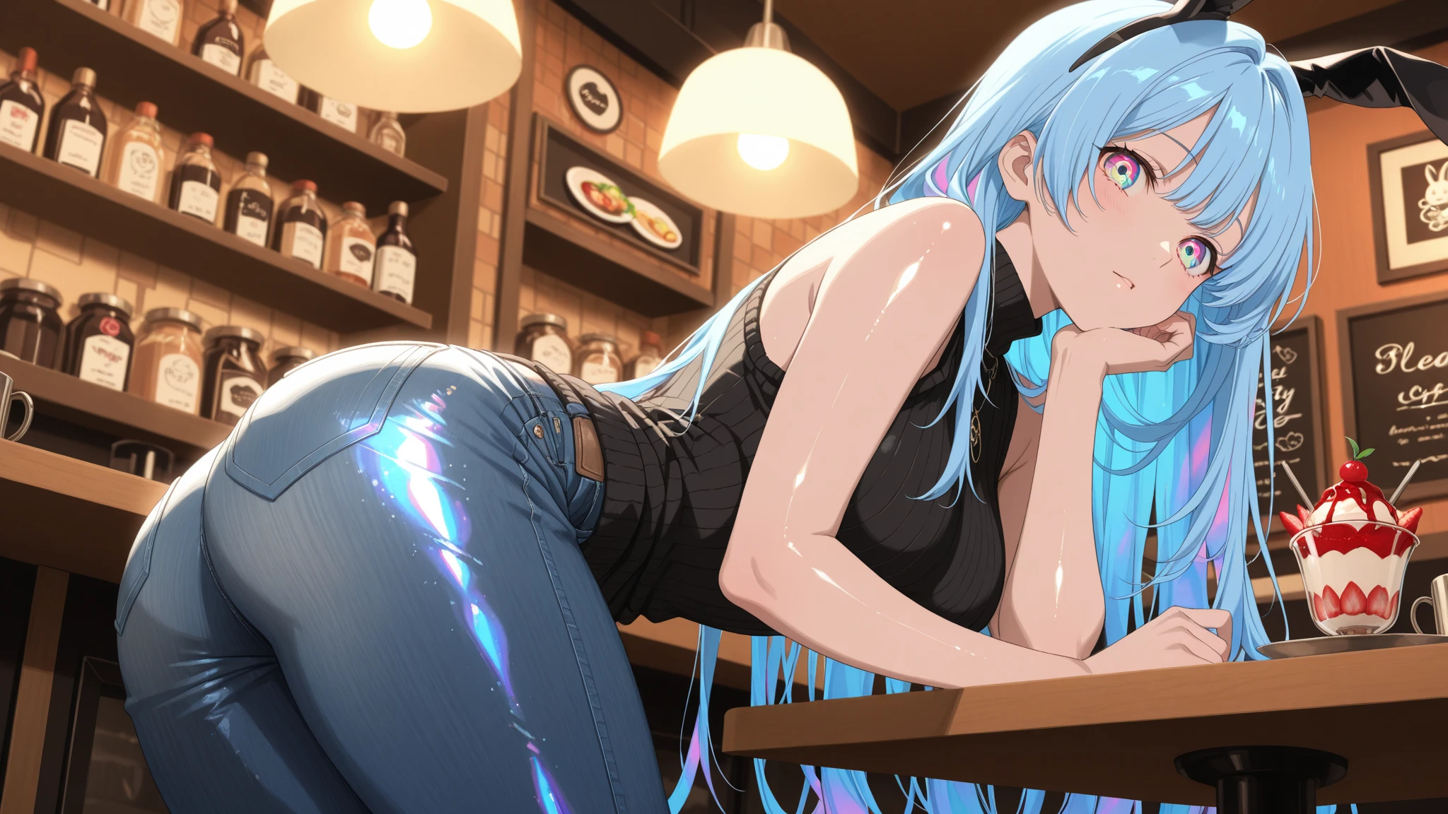 1girl,20s,blue eyes,solo,long hair,tail serpent,black hair,serious face,classroom,