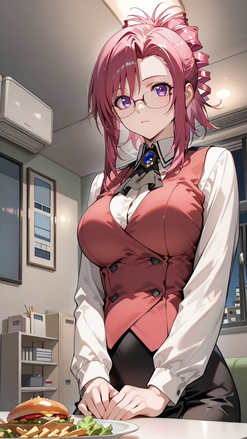 ((Sketch)), ((Watercolor)),((best quality)) ((best quality)), ((masterpiece)), (detailed), HD, Highly Detailed, 4k image, anime style, beautiful young girl, tanned white skin, waist-length silver-red colored hair wirh red highlights at the edges, soft facial features, heterochromatic eyes(left eye: silver)(right eye: red), gothic sundress, cherry red plump lips, large E-cup breasts, short height(150cm). wide hips and large round ass, silver round-frame glasses