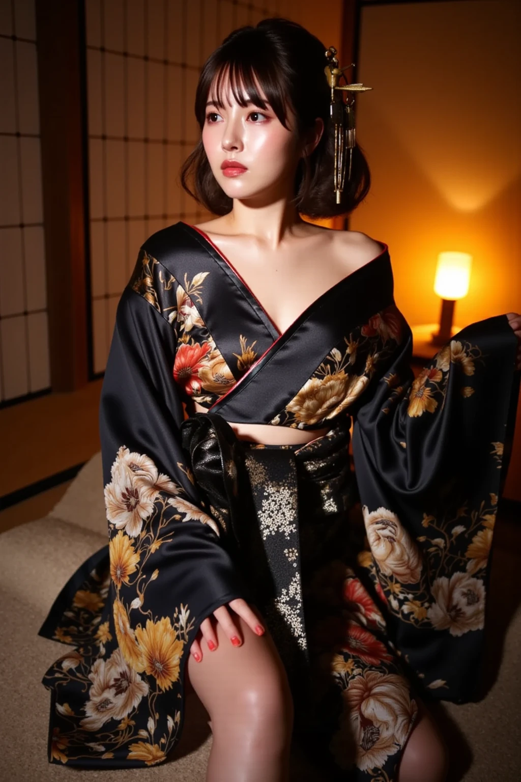 Browsing Caution,((Highest quality, 8k, masterpiece :1.3)),Beautiful geisha in kimono.Exposed shoulders • Wide shot, Full Body Tattoo_Chest tattoo .. Sitting under the floor. View from inside the castle. In low light_snap shot, photograph, High resolution, 4K, 8k, Bokeh Background)) Mix 4, The 20th_Perfect touch. Long legs. Beautiful face texture. Eye details, double eyelid.((Sweet Lips))Detailed tattoo skins. Slim Hips、Red kimono、Floral、Hollow、Open your legs to the left and right、Sit down scratching Hu、Nipples、(Facing forward),(sitting cross-leggedをかいて座る),((Show your crotch)),((Let your bangs hang naturally)),((Straight black hair)),((Dimly lit room)),((On the tatami)),((Glare)),((sitting cross-legged)),((Dark eyeliner)),((Thin lips)),((Tattoos all over the body)),((tattoo)),