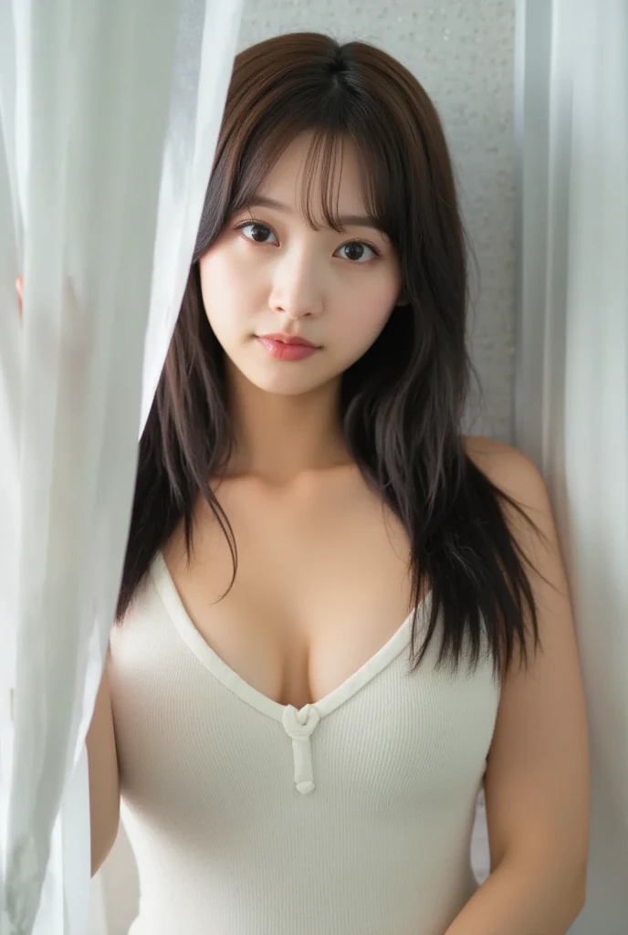 masterpiece、highest quality, 16k, girl, 36 years old, Raw photo, professional photography, portrait, late night office,dark lighting、 Pale pale contrast、professional lighting, alone, sitting in front of the computer、smile, close, cute, girly, goddess, 繊細なgirl, pure beauty, Digital single-lens reflex camera, avert your eyes, Frank, Sophisticated, film grain, (Eye and face details:1.0), long hair swaying in the wind, bangs, (A loose white cashmere sweater、Vneck、shoulder off)、navy pleated skirt、smooth and beautiful thighs、beautiful feet、(big breasts:1.6)、(deep cleavage:1.6)、cute吊り目、