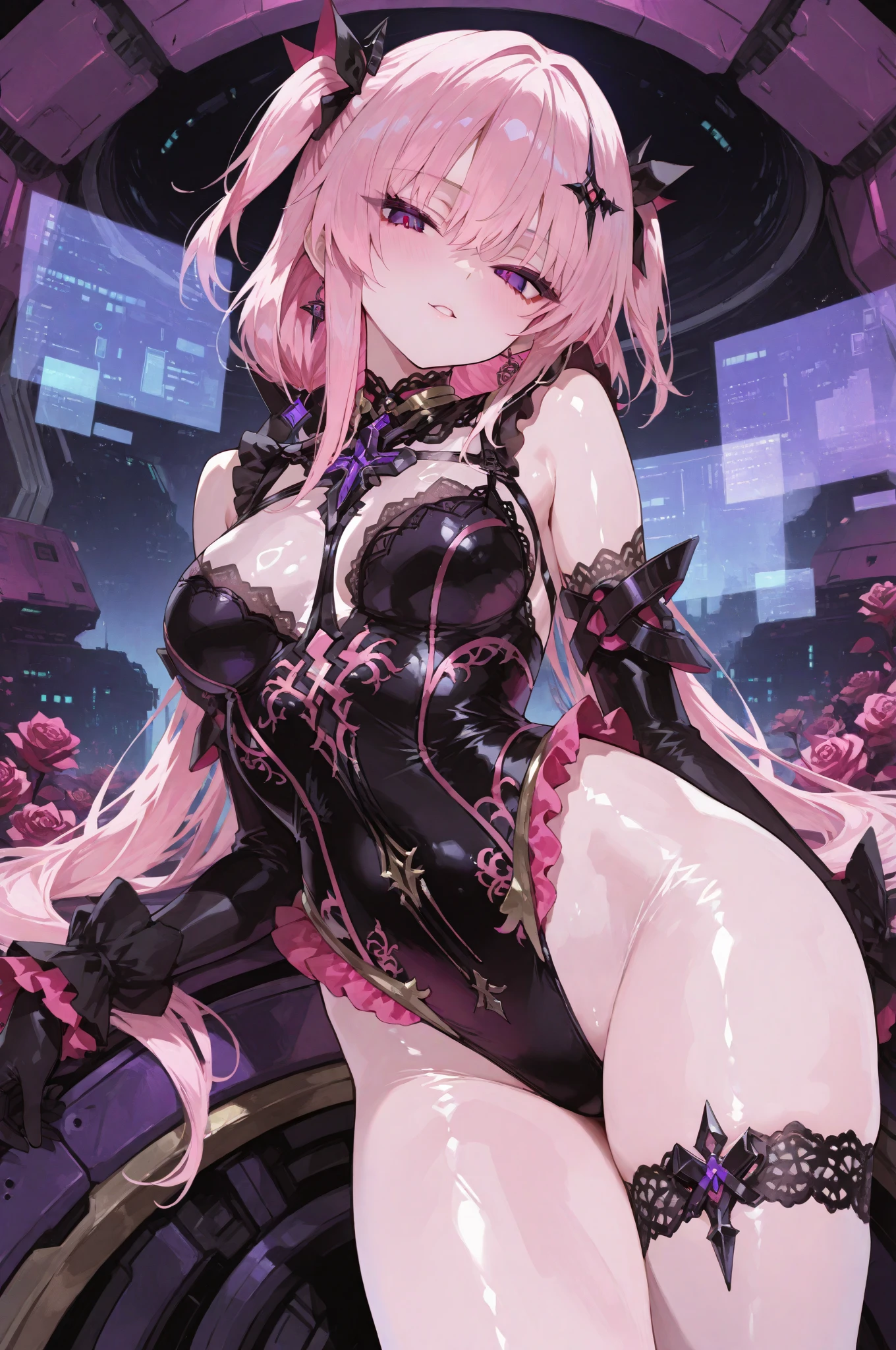 (Highest quality)), ((masterpiece)), (detailed), purple hair, pink eyes , a girl ,cross necklace ,tattoos, blunt bangs , longhair, from the chest up, black one-piece dress, smile, twin tails , yang, bust shot