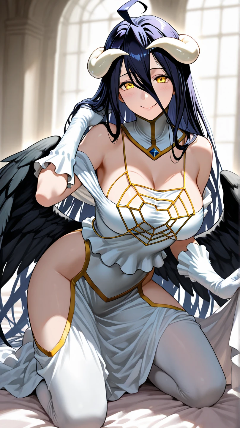 Albedo_Overlord,black hair,white horn,curvy body,big breast,big thighs, wearing original dress, gently smiling, leaning by the pillar, midnight setting,erotic pose, nsfw,((doujin art style)).