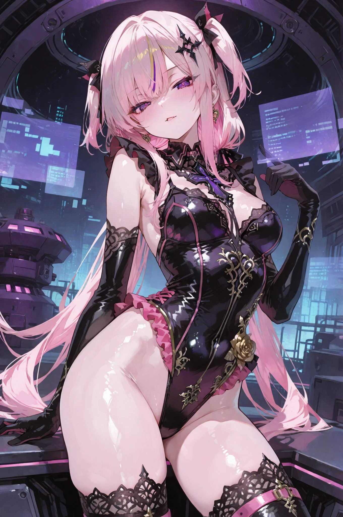 (((Masterpiece))), (best qualighy, best resolution:1.2), beautiful anatomy, perfect body, very delicate, super gorgeous composition, very beautiful hair, high ponytail, pink hair ornament, multicolored hair, absurderes, glowing eyes:1.2, reverse bunny outfit:1.1, clothes under clothes, full body, pigeon-toed, holding magical girl stick, (big and kawaii puff scenery), unique art, most beautiful art, ((ultra detailed)), beautiful details, ((nice drawn hands and fingers)), (most beautiful legs), depth in field, cinematic lightining, colorful, intricate, mesmerizing, ((holographic)), ((perfectly drawn hands and fingers))