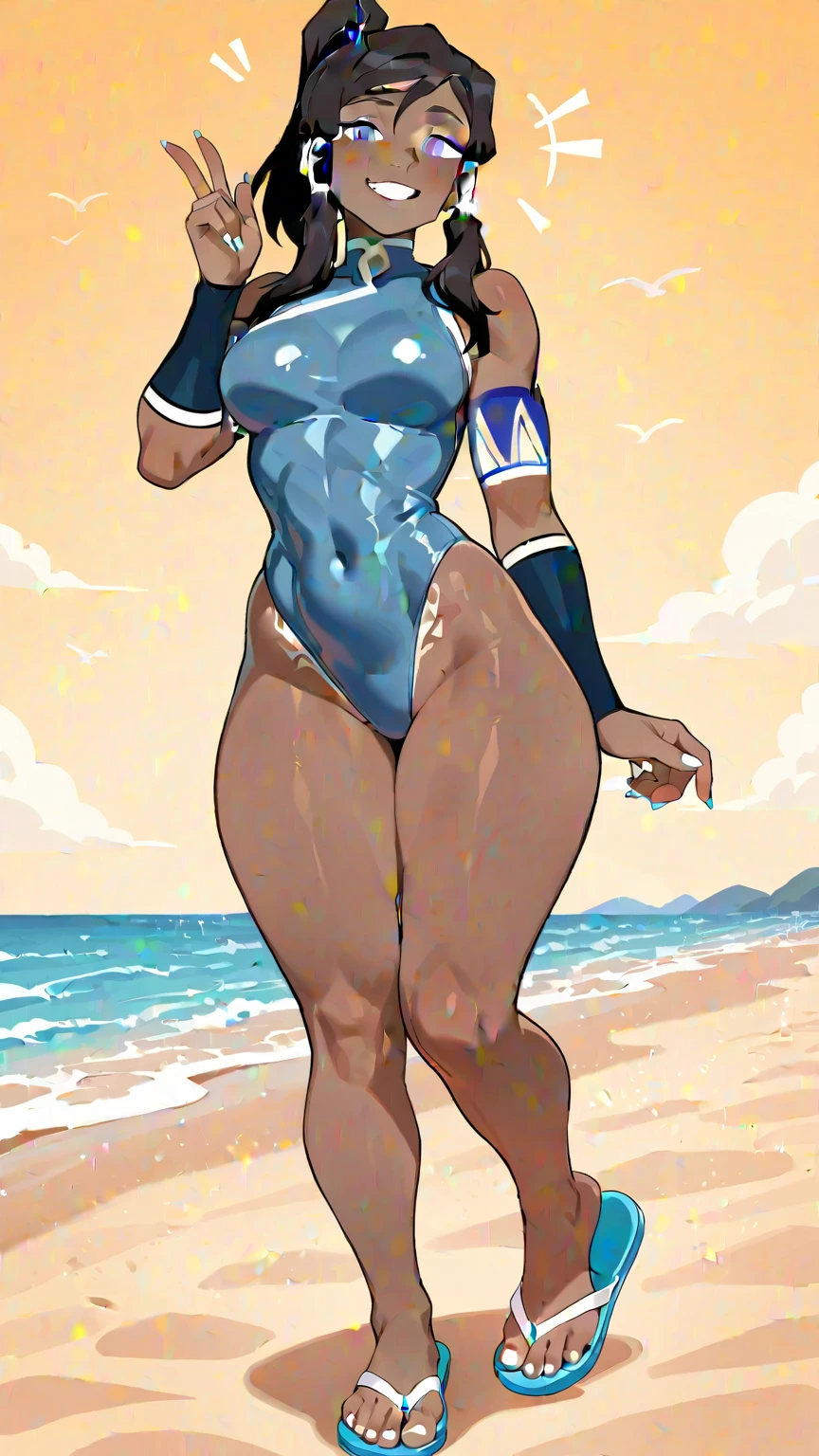 Short black hair, tall, shiny skin, gloss skin, long legs, dark skin, tall, blush, sexy body, lean body, huge breasts, nude, smug, walking, naked, from behind, cum leaking from pussy, beach, holding a bikini