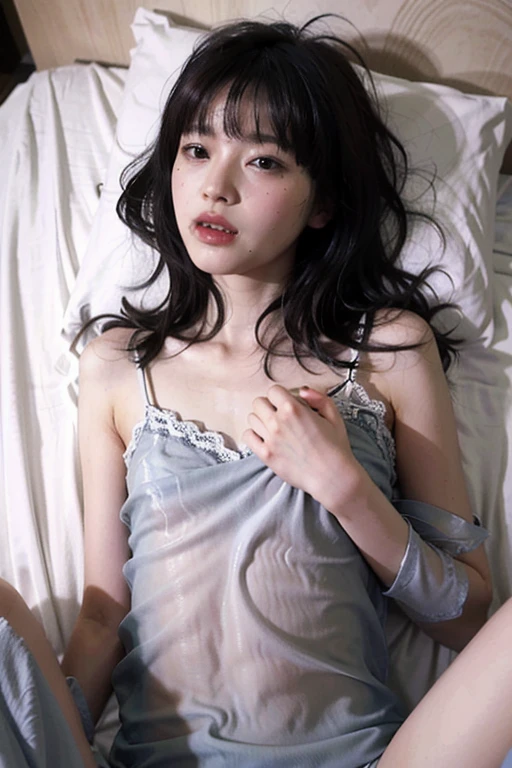 (Photorealistic: 1.5, Tabletop: 1.5, 8k), (Best Quality, Masterpiece, Ultra High Resolution), Perfect dynamic composition, Professional camera work: 1.4, High resolution skin and face texture: 1.3, Mysterious portrait: 1.3, Glow light effect, Ultra detailed, Photorealistic, Masterpiece, Best Quality, 8K, Cute young fair skinned Japanese woman, Adult female, ((Pale pink nightgown: 1.41)), ((Wet dark brown bob cut)), Looking at camera, Very beautiful, Mole under eye, Thin woman, ((((Lying on back))))), ((((Legs wide open)))), ((Legs wide open, Join me, Cameltoe toes, Very thick pubic hair)), (((View from under woman's legs))), ((((Night view from inside building, Pitch black room: 0.9, moonlight shining through glass at night)))), sexy and erotic, (love guyros, realistic, seductive pose, (R-18), mature woman, (big breasts:1.34), hidden nipples, seductive facial expression, ((crying face, sobbing, sobbing, slightly upset face, red cheeks)), ((highly anatomically accurate)), detailed skin, no makeup, glamorous body, dynamic pose, slim legs, ((small pussy:1.2)), glowing skin, shiny skin, sweaty skin, (accurate hands), firm stomach, erect nipples, hard nipples, cum on pussy,, thin eyebrows, ((cleavage))