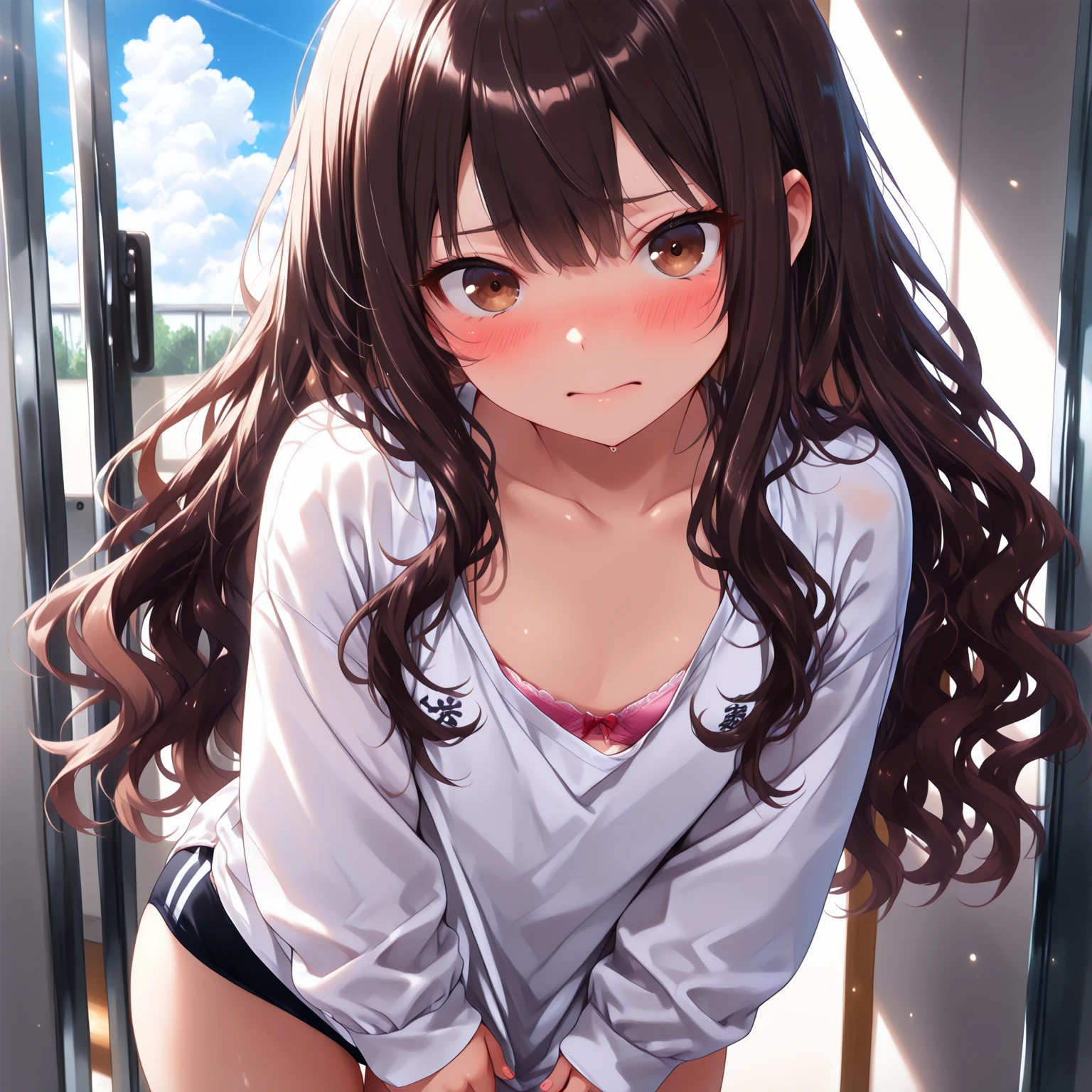 (nsfw:1.1), (extremely cute illustration:1.1),brown hair, brown eyes, long hair, twintails, hair ornament, arms behind head, armpits, embarrassed, crying hard, sleeveless, detached sleeve, bedroom, seducing, squatting, spread legs, pantyhose